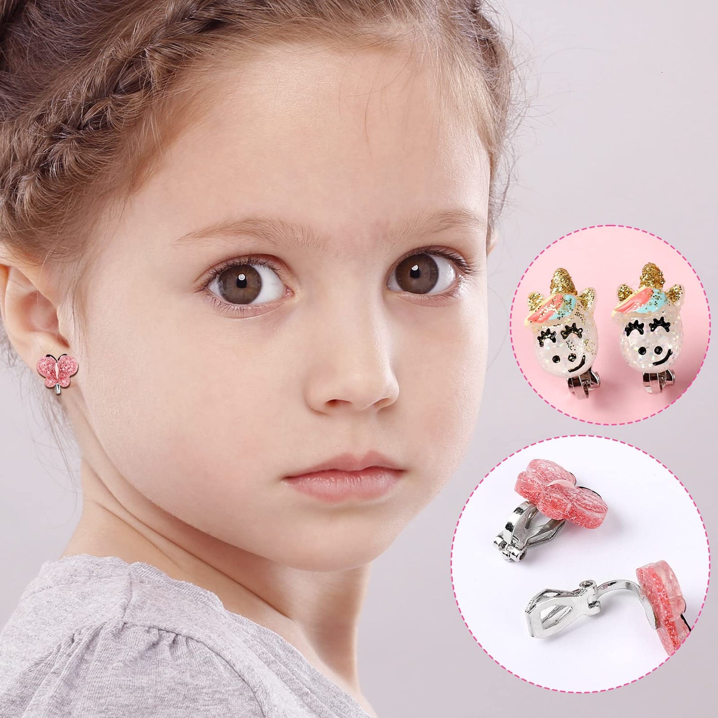 Wingchold Unicorn Clip-On Earrings for Little Girls - 6 Pairs Set with Butterfly & Strawberry