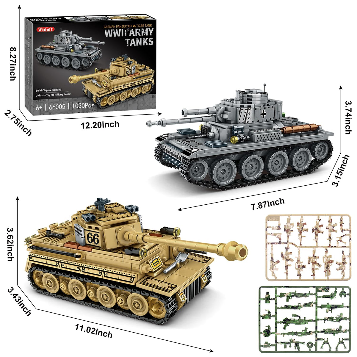 WINGIFT 1030-Piece WW2 Army Tank Set: Panzer 38(t) & Tiger Tank Models for Collectors and Family Builds
