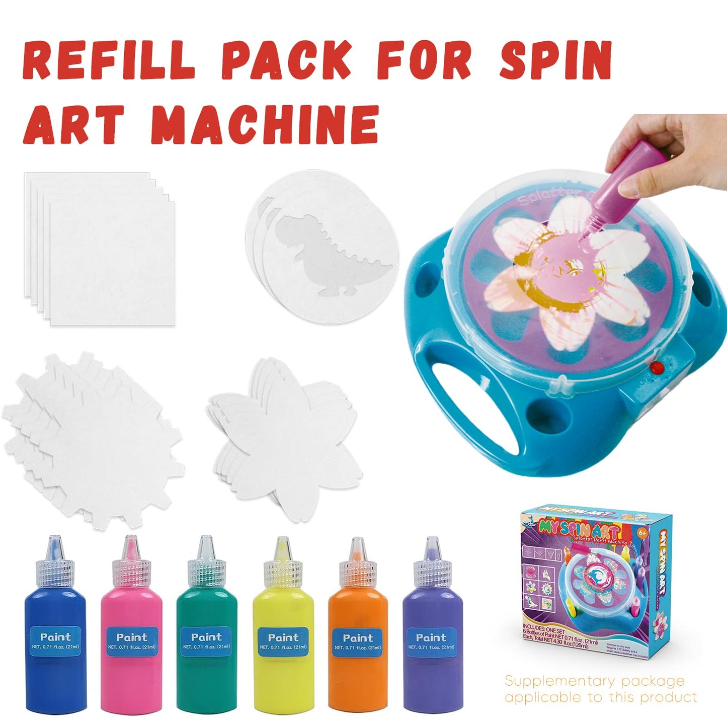 Wings Giant Spin Art Machine Refill Pack – 5 Spin Card Designs + 6 Color Paint Bottles