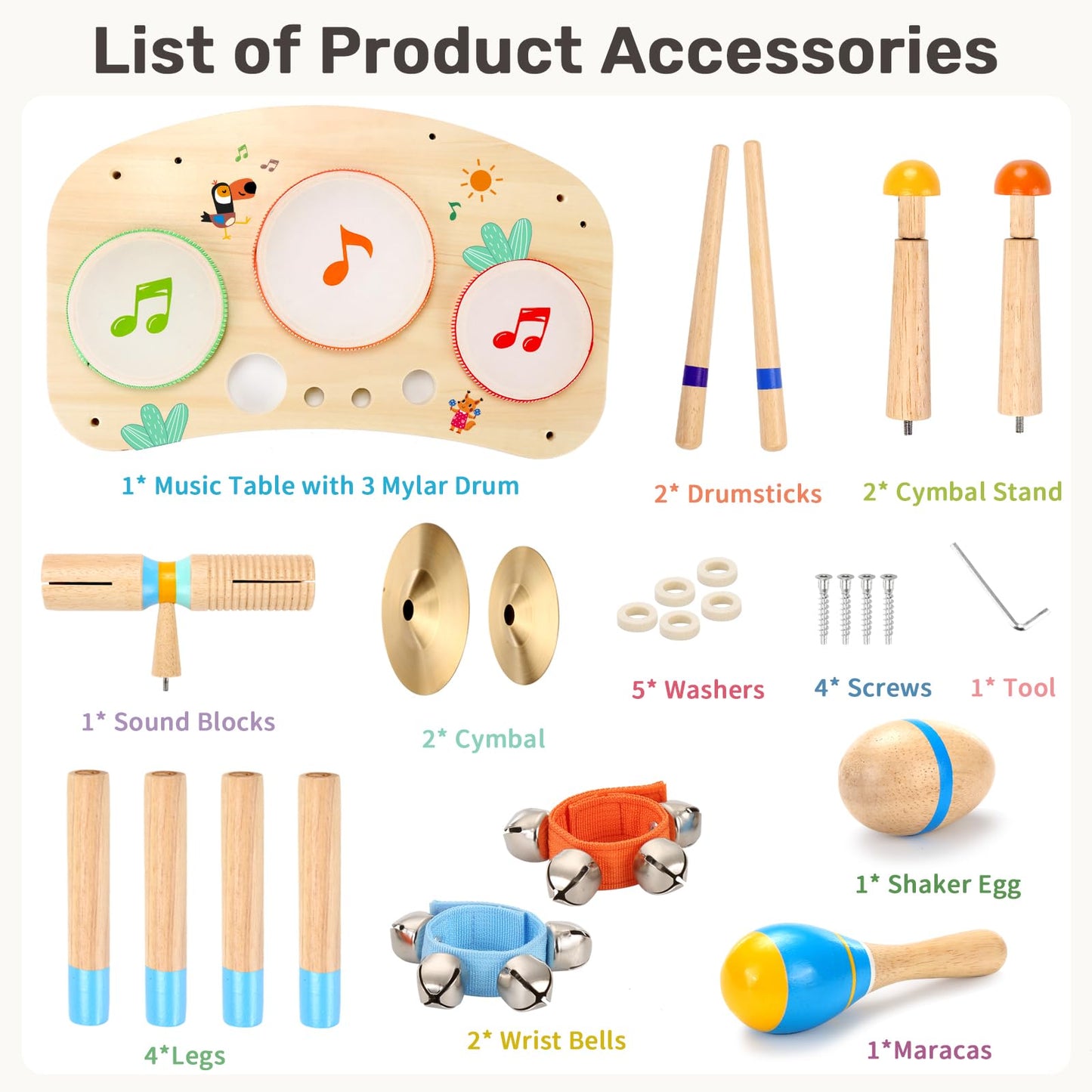 Wingyz 11-in-1 Kids Drum Set – Montessori Wooden Musical Toys for Toddlers 1-3