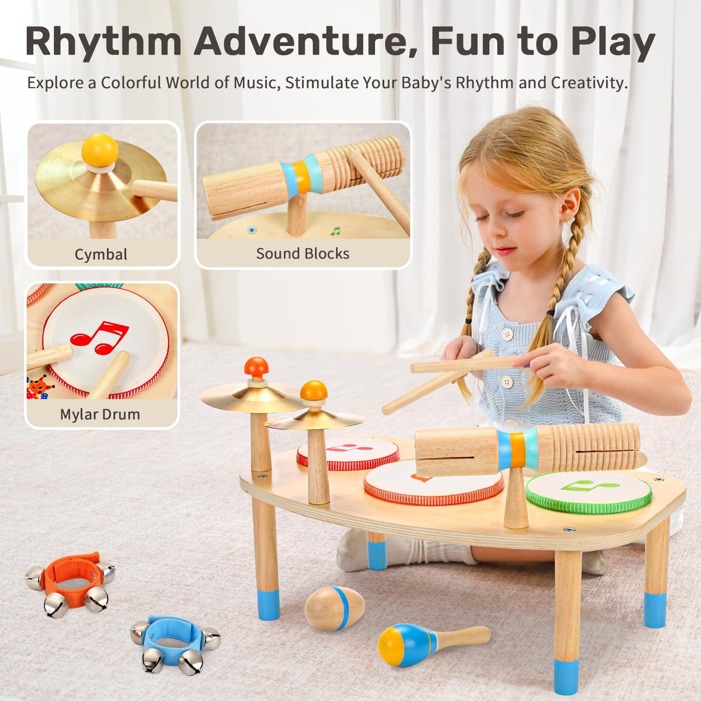 Wingyz 11-in-1 Kids Drum Set – Montessori Wooden Musical Toys for Toddlers 1-3