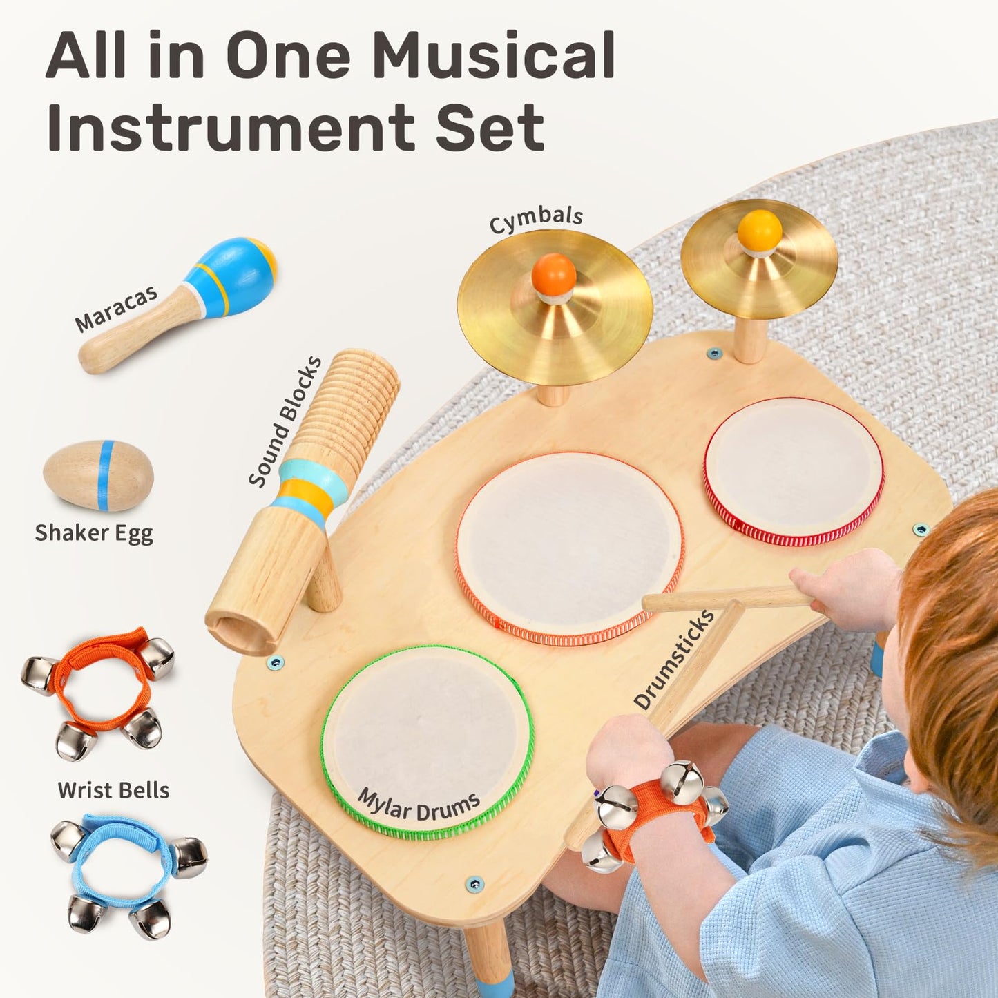 Wingyz 11-in-1 Kids Drum Set – Montessori Wooden Musical Toys for Toddlers 1-3