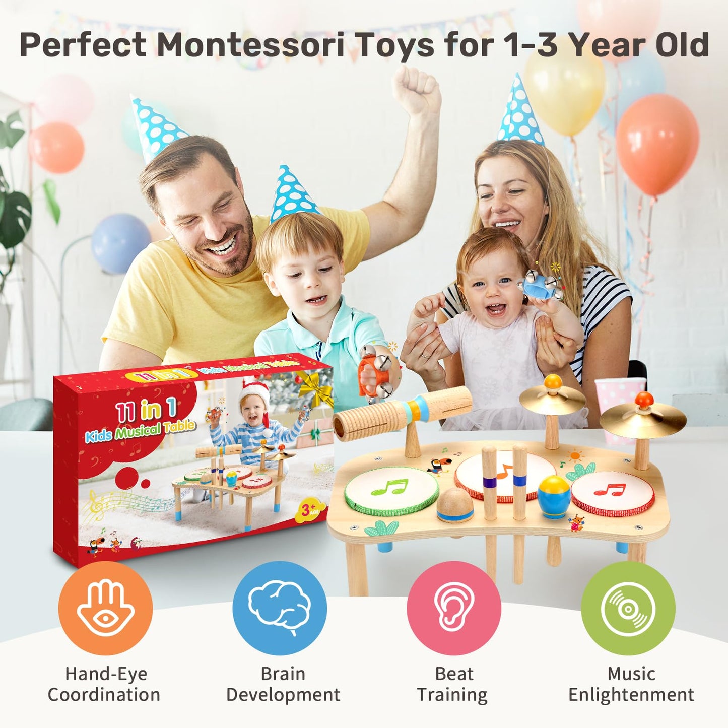 Wingyz 11-in-1 Kids Drum Set – Montessori Wooden Musical Toys for Toddlers 1-3