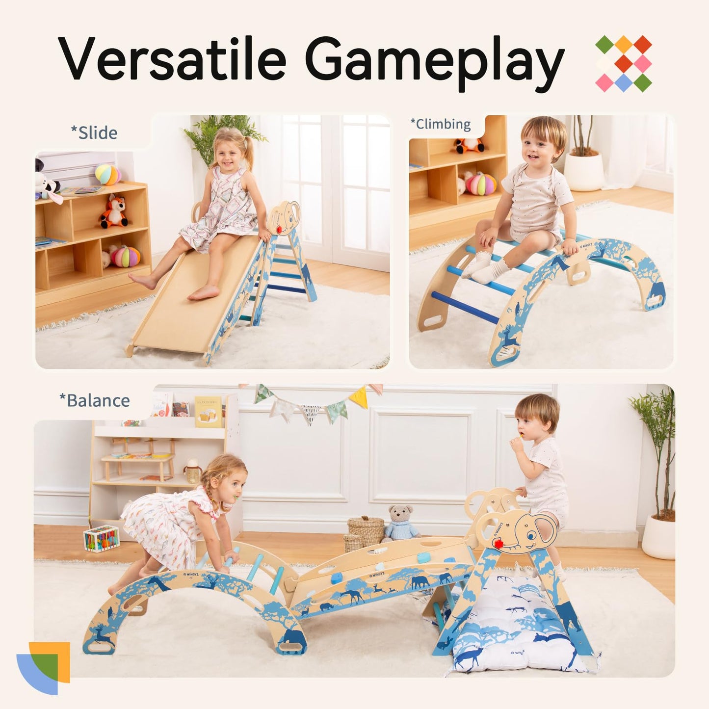 wingyz 8-in-1 Foldable Pikler Triangle Set – Montessori Indoor Climber for Toddlers (Blue)