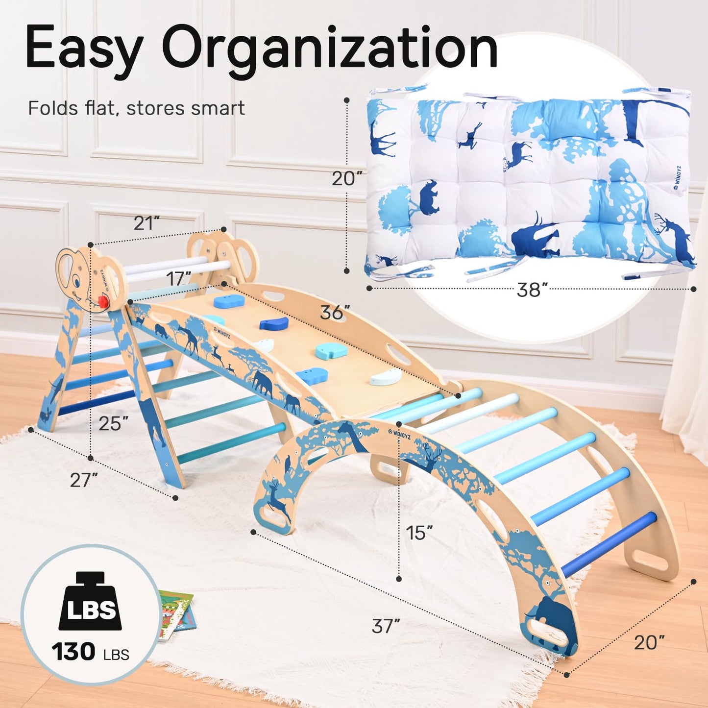 wingyz 8-in-1 Foldable Pikler Triangle Set – Montessori Indoor Climber for Toddlers (Blue)