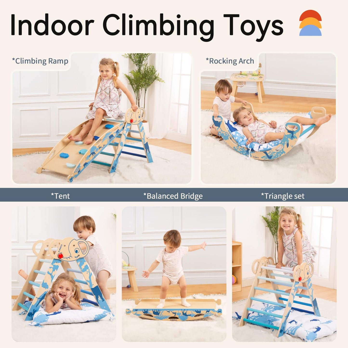 wingyz 8-in-1 Foldable Pikler Triangle Set – Montessori Indoor Climber for Toddlers (Blue)