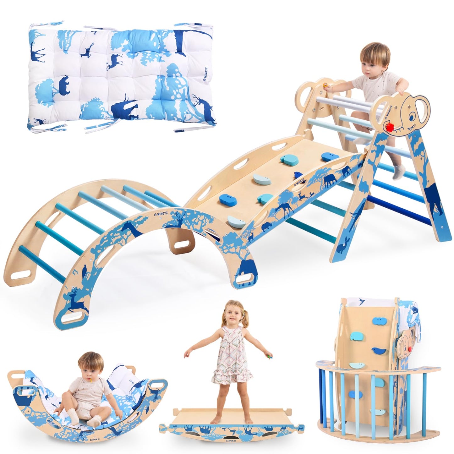 wingyz 8-in-1 Foldable Pikler Triangle Set – Montessori Indoor Climber for Toddlers (Blue)