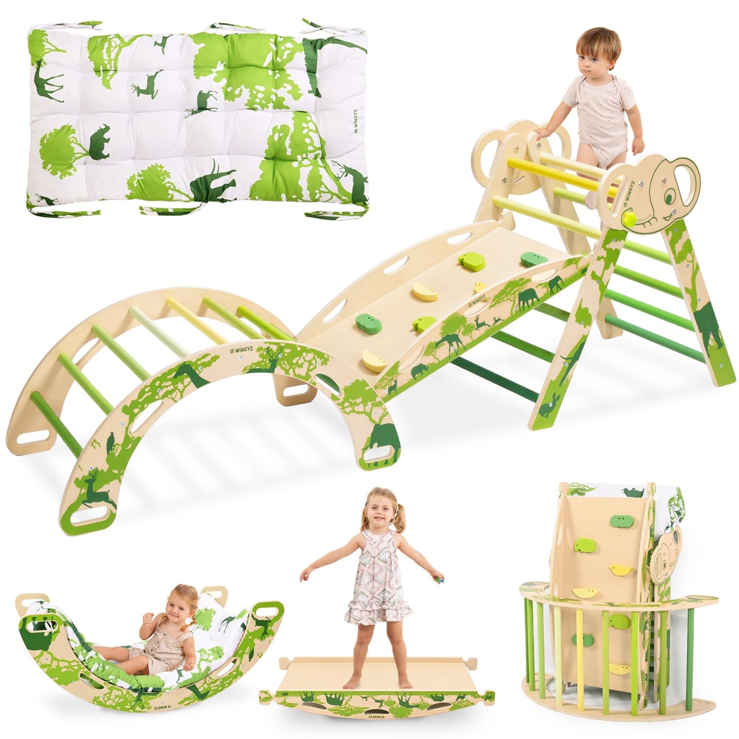 Wingyz 8-in-1 Pikler Triangle Set with Cushion – Montessori Indoor Climber for 1-3 Year Olds (Green)