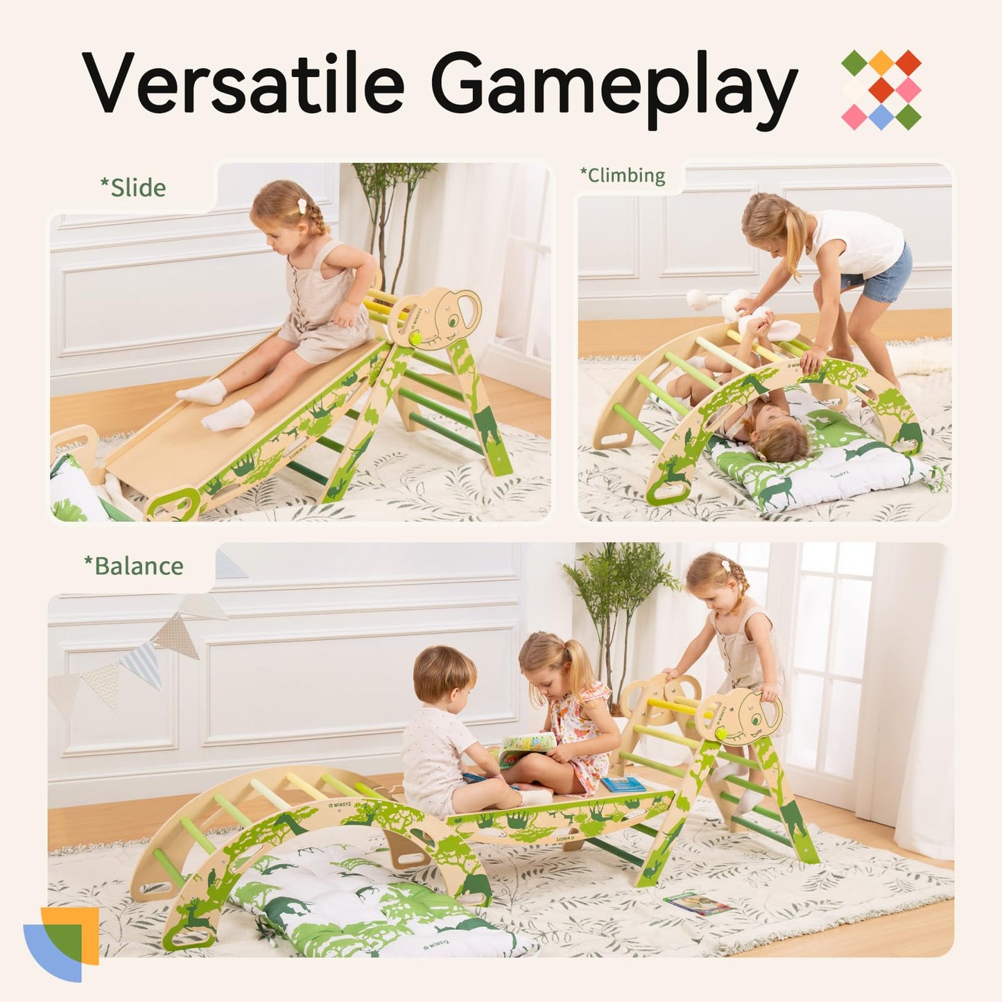 Wingyz 8-in-1 Pikler Triangle Set with Cushion – Montessori Indoor Climber for 1-3 Year Olds (Green)