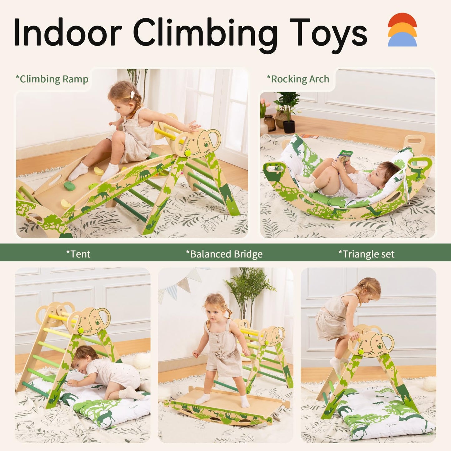 Wingyz 8-in-1 Pikler Triangle Set with Cushion – Montessori Indoor Climber for 1-3 Year Olds (Green)