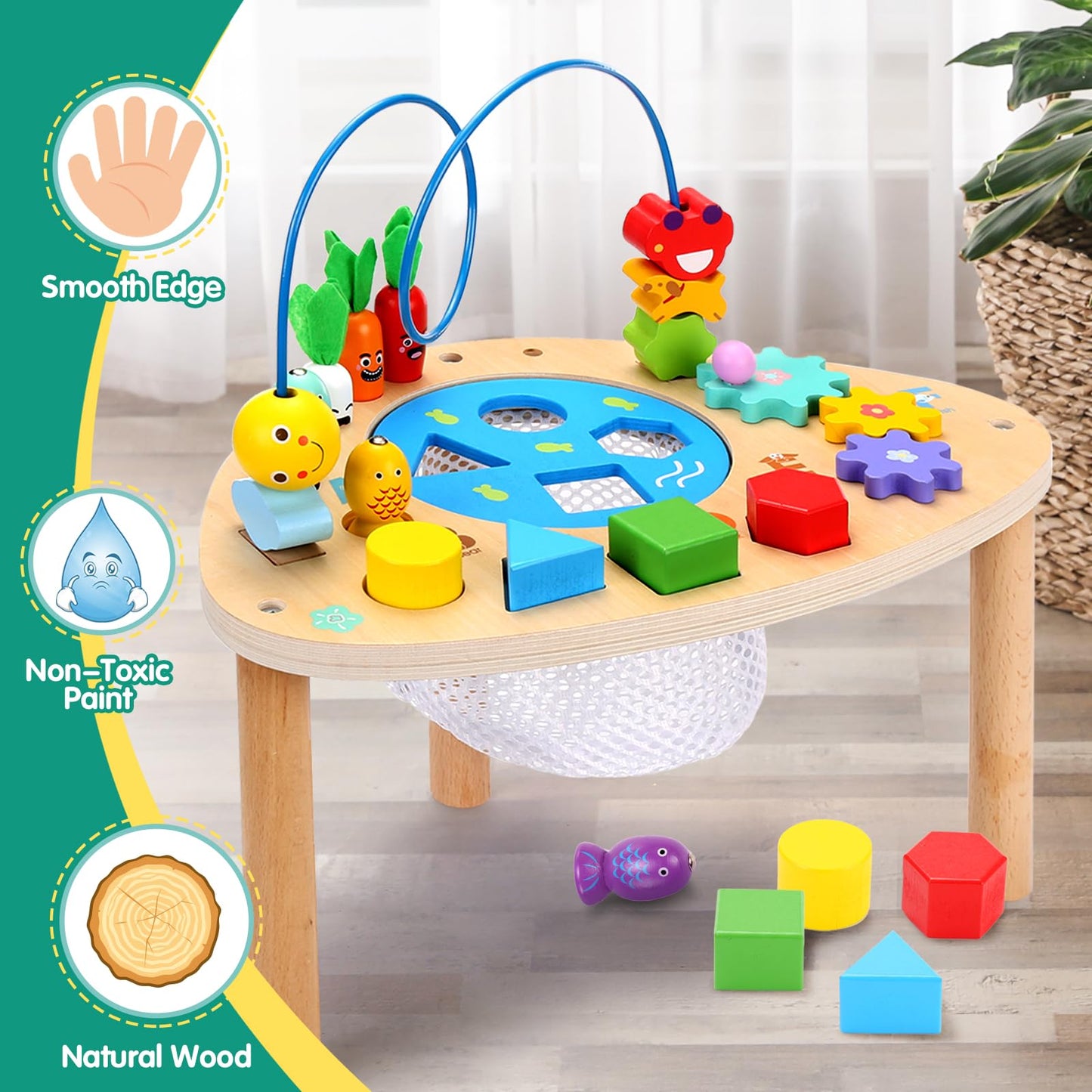 wingyz 6-in-1 Wooden Montessori Activity Table for Toddlers | Bead Maze & Shape Sorter