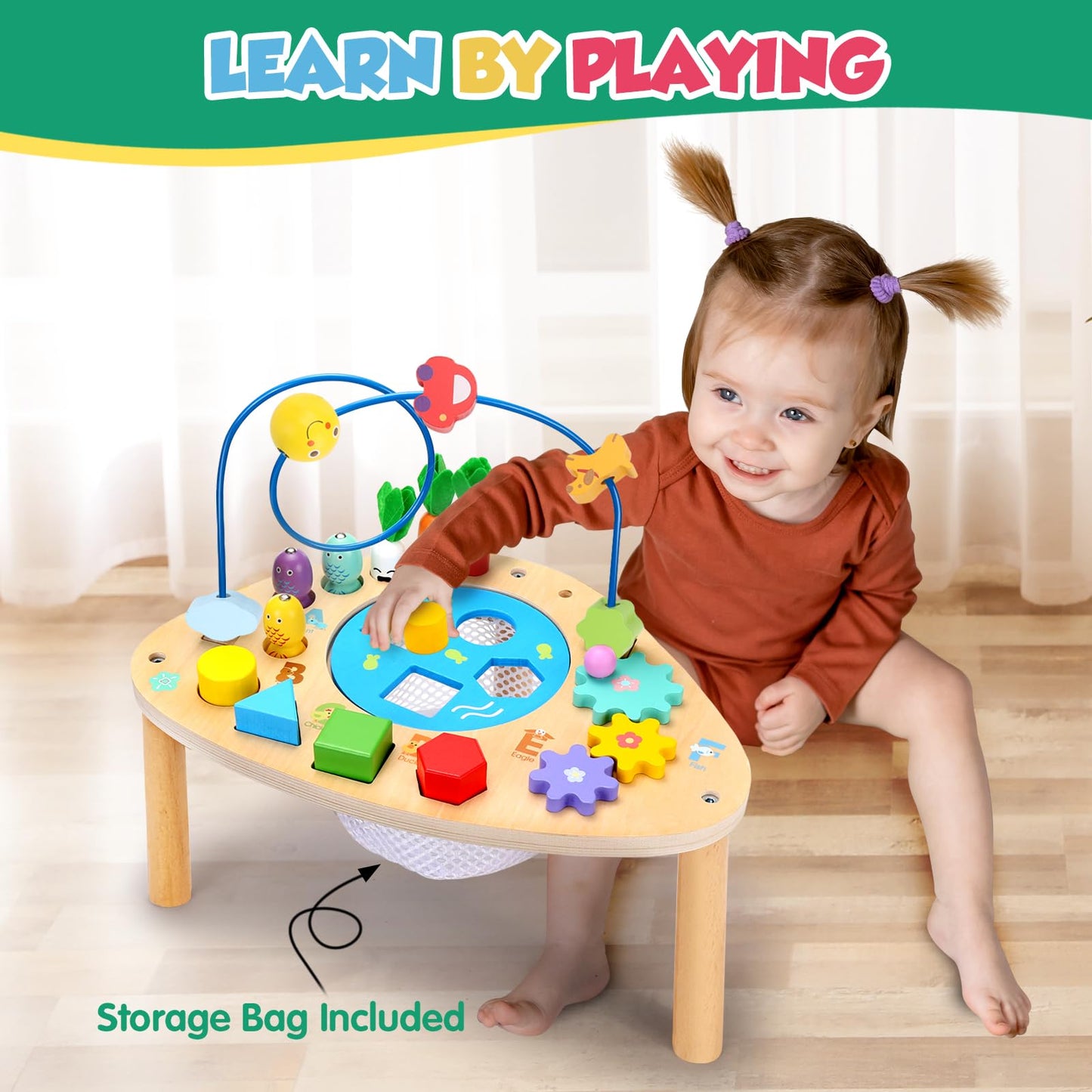 wingyz 6-in-1 Wooden Montessori Activity Table for Toddlers | Bead Maze & Shape Sorter
