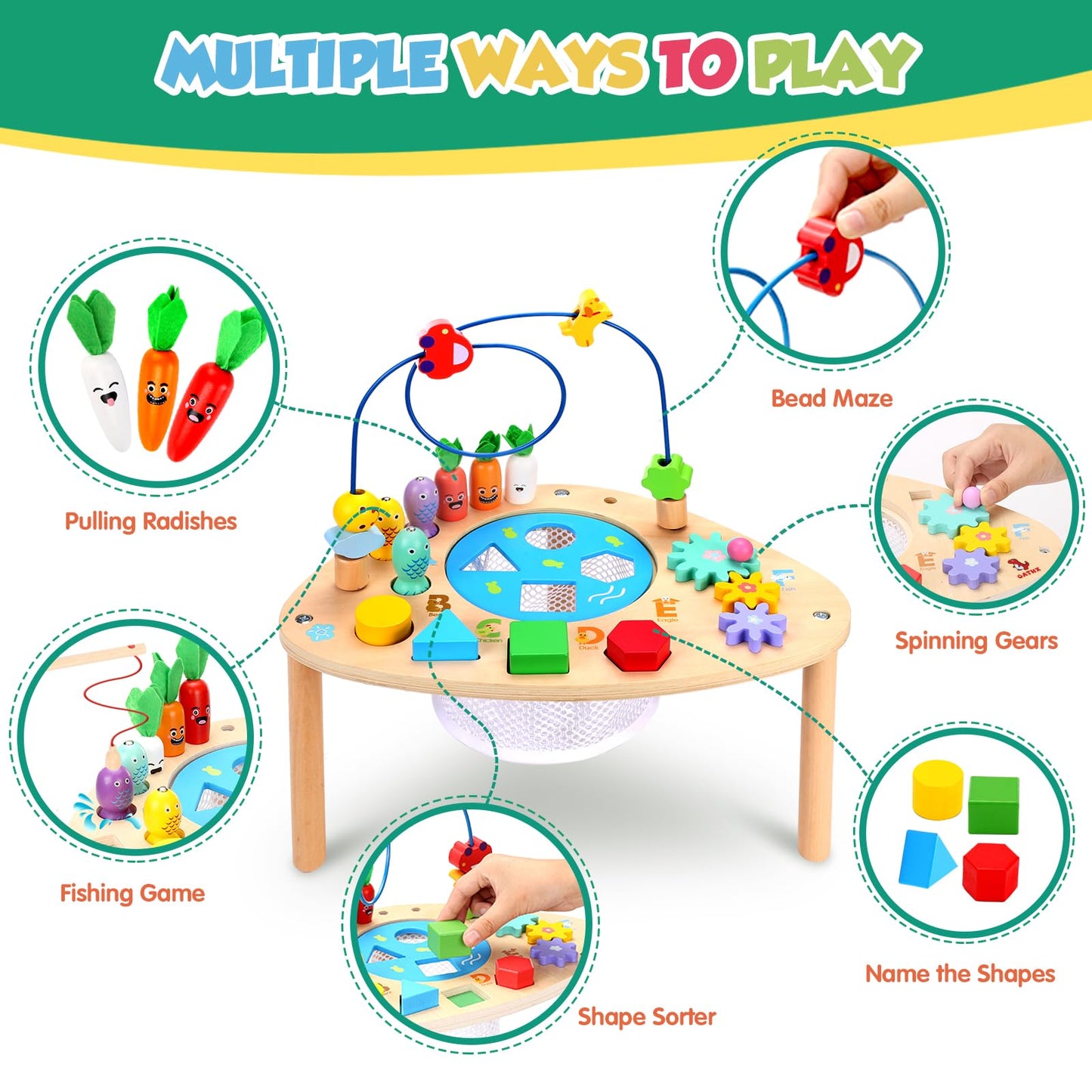 wingyz 6-in-1 Wooden Montessori Activity Table for Toddlers | Bead Maze & Shape Sorter