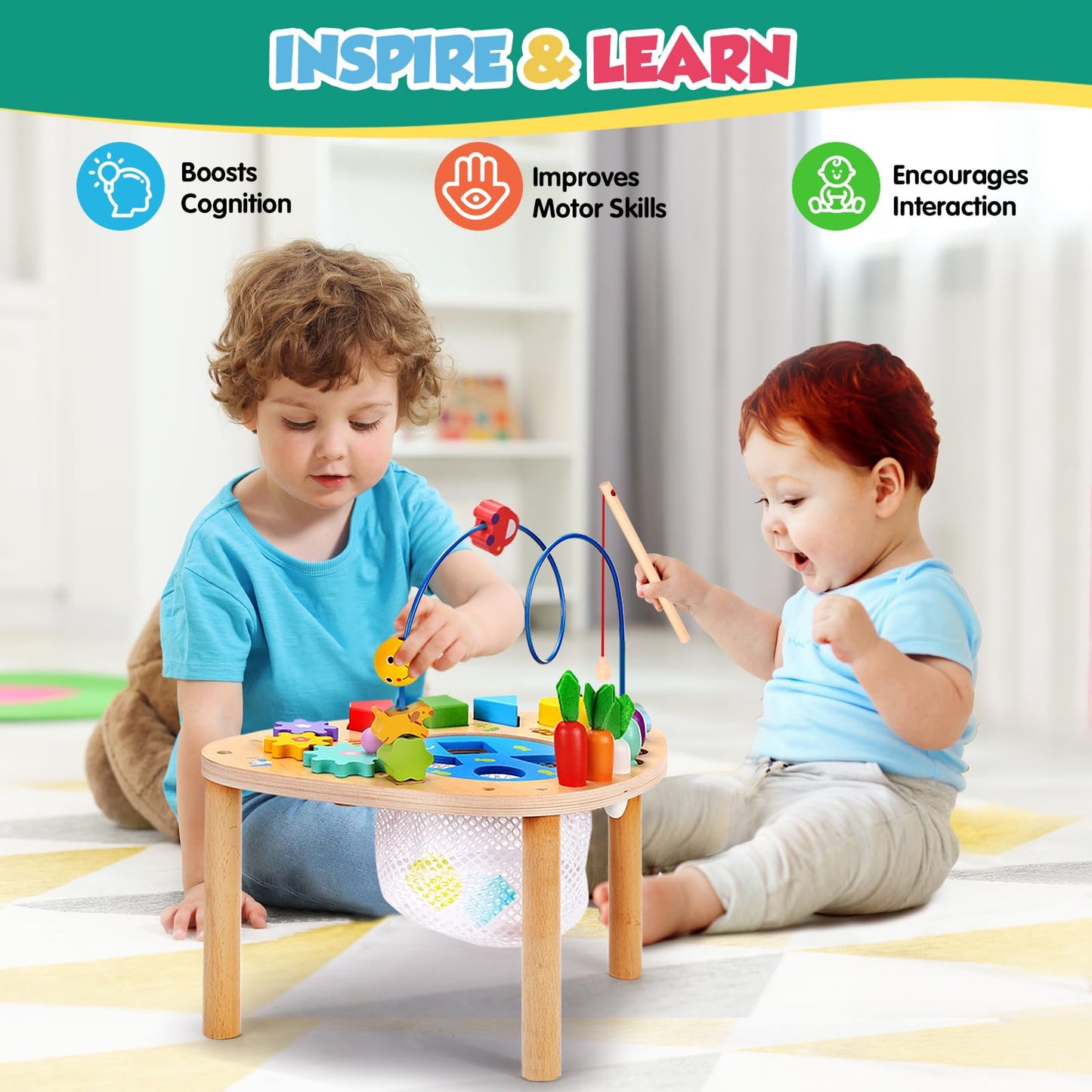 wingyz 6-in-1 Wooden Montessori Activity Table for Toddlers | Bead Maze & Shape Sorter