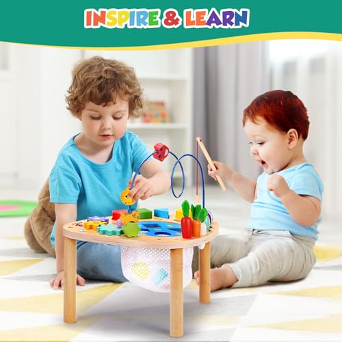 wingyz 6-in-1 Wooden Montessori Activity Table for Toddlers | Bead Maze & Shape Sorter