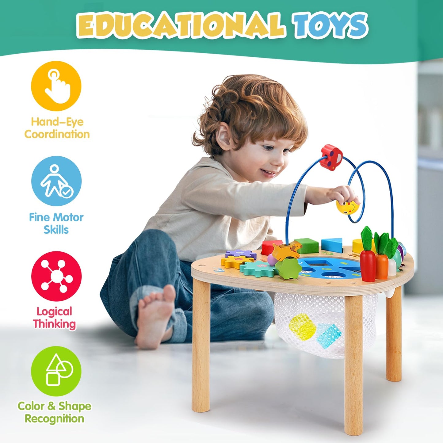 wingyz 6-in-1 Wooden Montessori Activity Table for Toddlers | Bead Maze & Shape Sorter