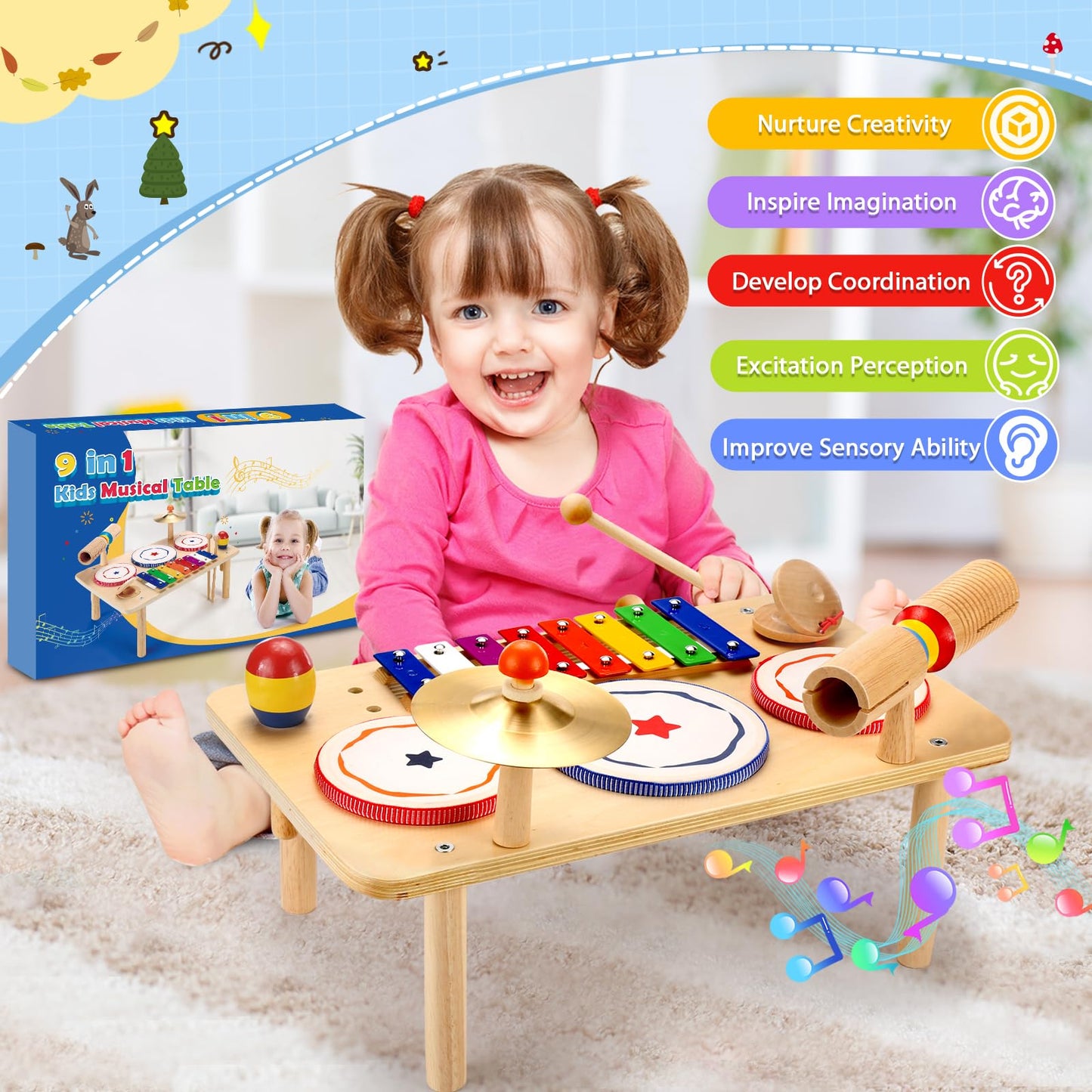 WINGYZ Baby Drum Set – 9-in-1 Wooden Musical Toy for Toddlers 1–3 | Xylophone, Drum, Cymbal & Tone Block