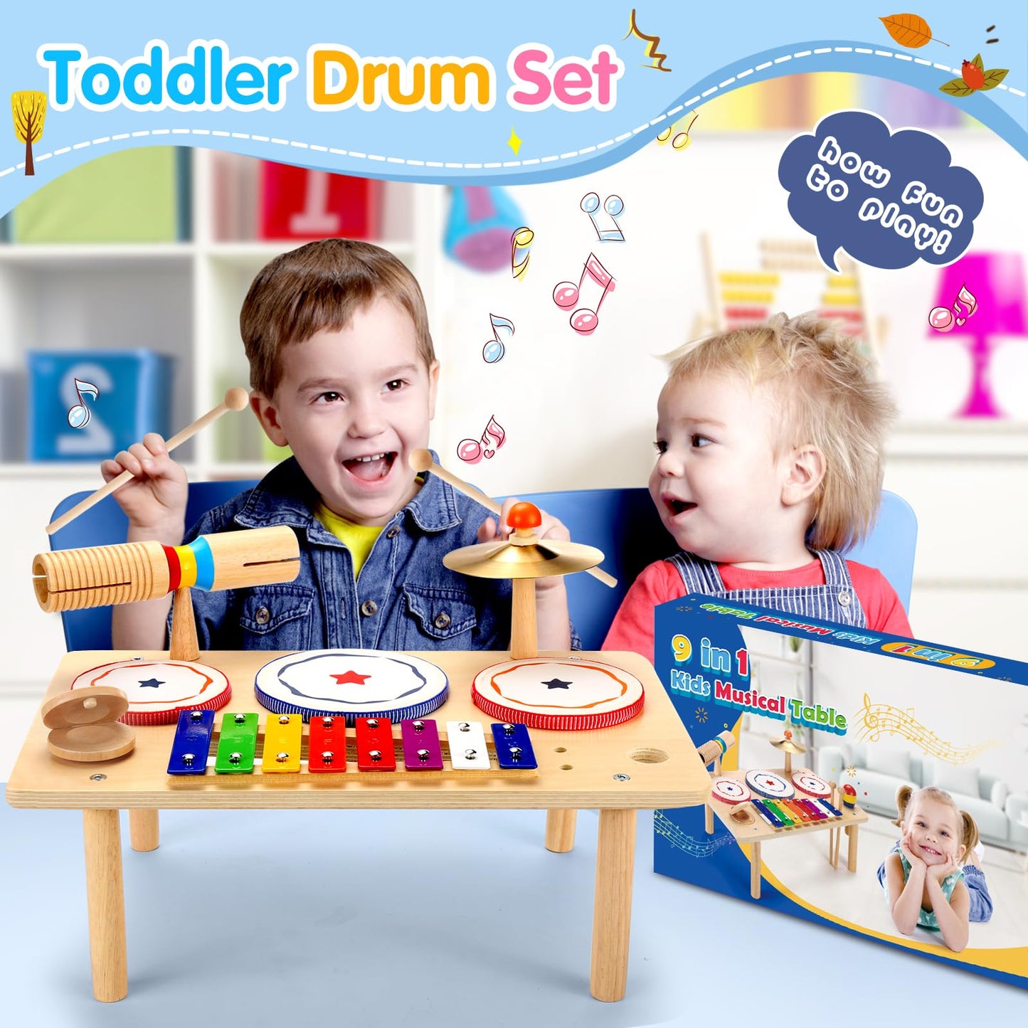 WINGYZ Baby Drum Set – 9-in-1 Wooden Musical Toy for Toddlers 1–3 | Xylophone, Drum, Cymbal & Tone Block
