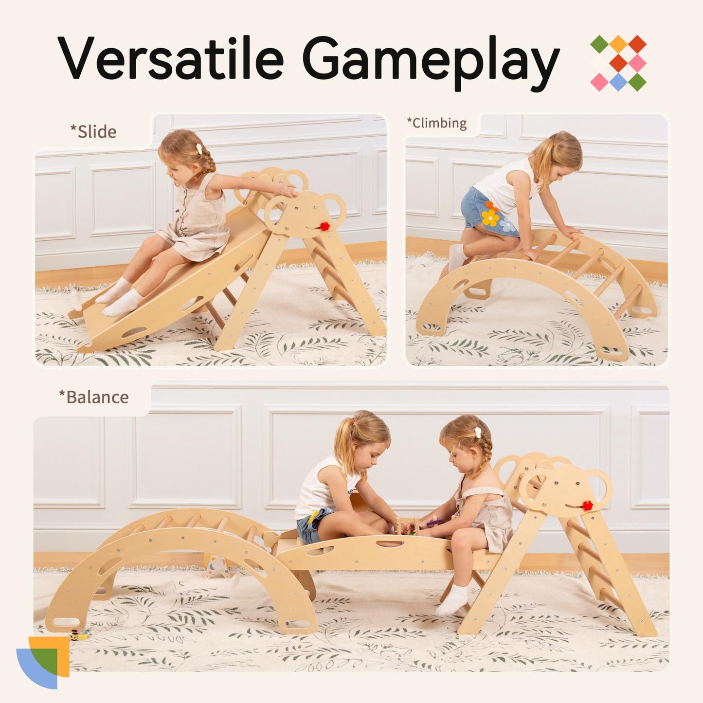 Wingyz Pikler Triangle Climbing Set with Cushion – Foldable 8-in-1 Montessori Jungle Gym (Teak)