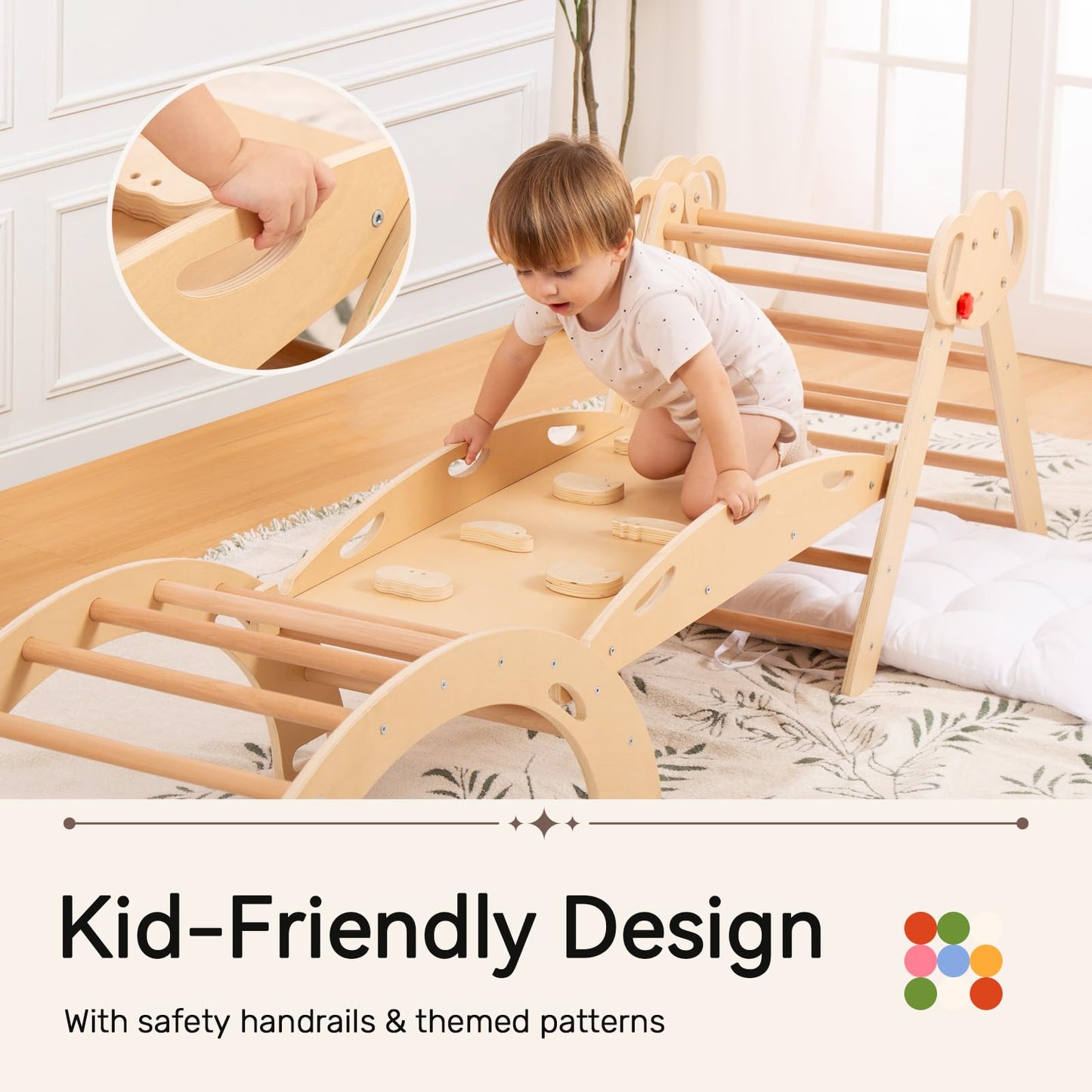 Wingyz Pikler Triangle Climbing Set with Cushion – Foldable 8-in-1 Montessori Jungle Gym (Teak)