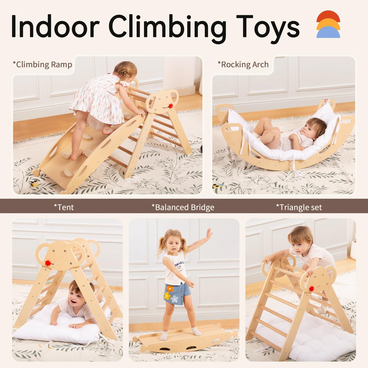 Wingyz Pikler Triangle Climbing Set with Cushion – Foldable 8-in-1 Montessori Jungle Gym (Teak)