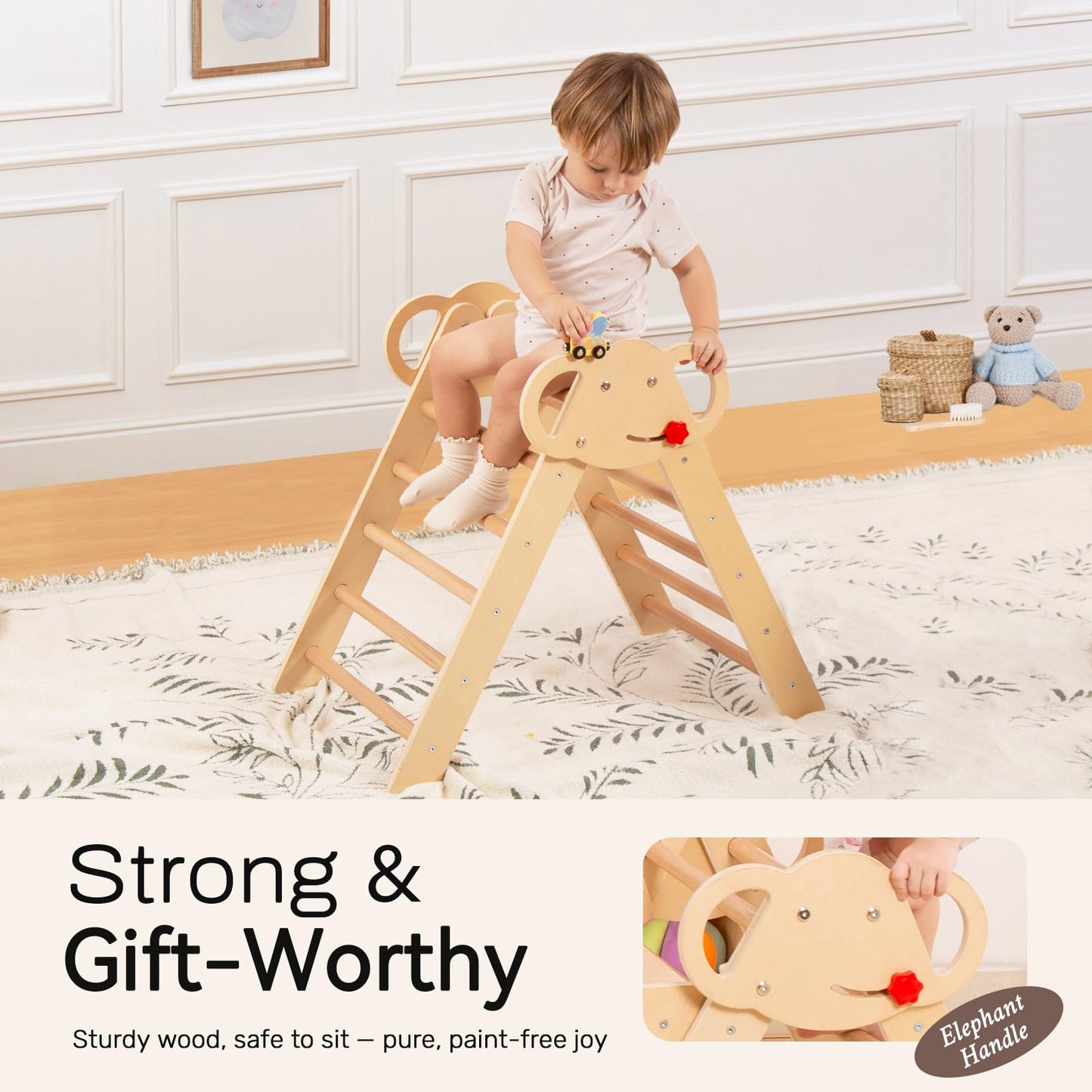 Wingyz Pikler Triangle Climbing Set with Cushion – Foldable 8-in-1 Montessori Jungle Gym (Teak)