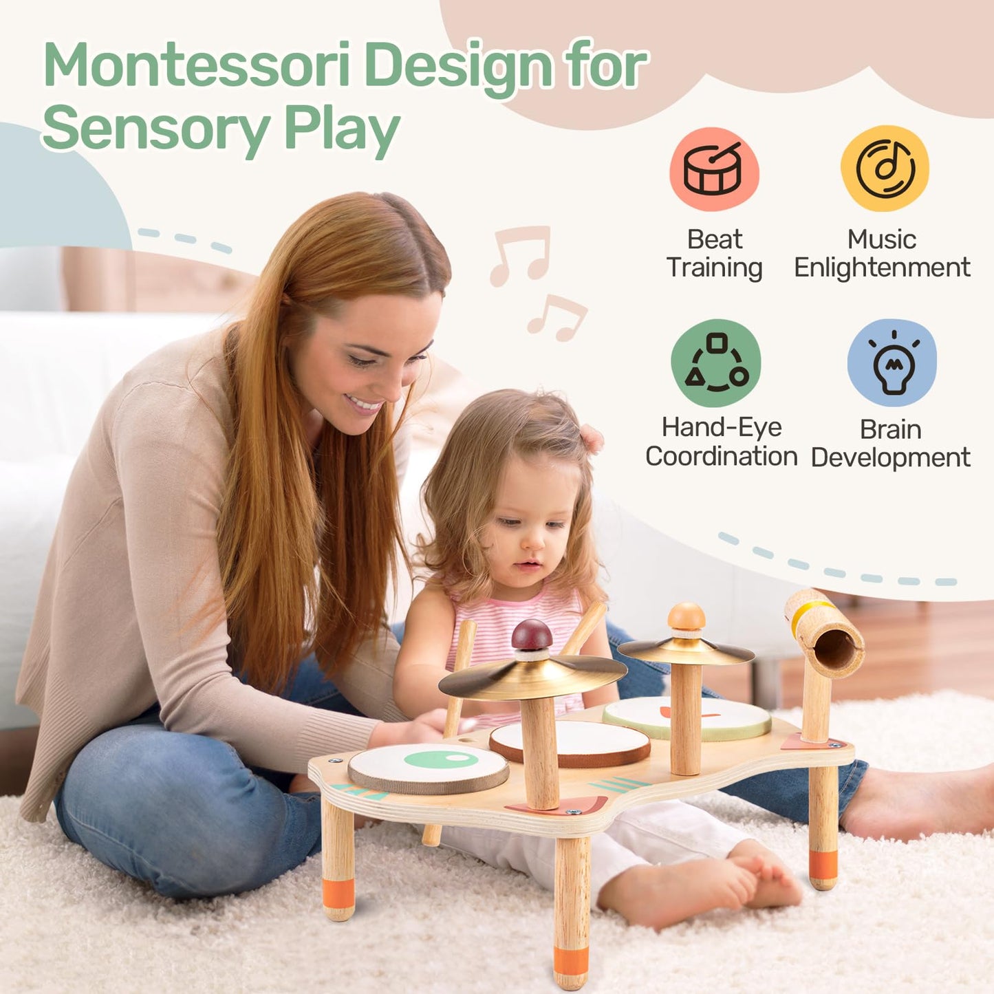 WINGYZ Kids Drum Set for Toddlers — 7-in-1 Montessori Wooden Music Toys