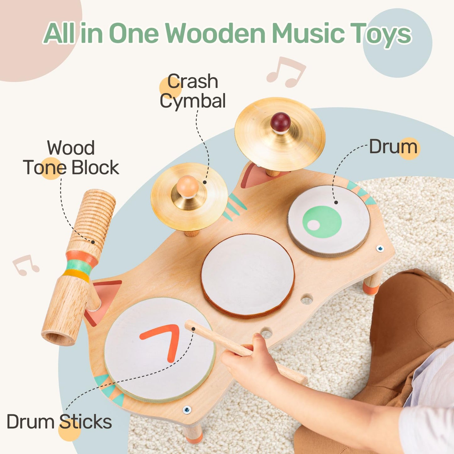 WINGYZ Kids Drum Set for Toddlers — 7-in-1 Montessori Wooden Music Toys