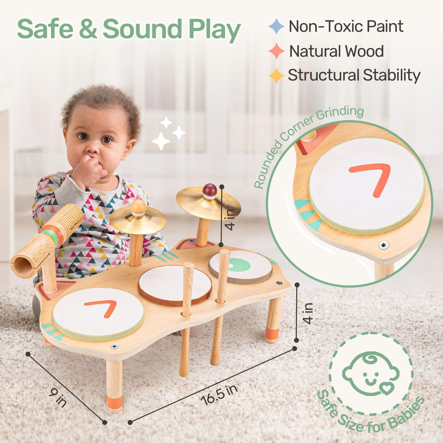 WINGYZ Kids Drum Set for Toddlers — 7-in-1 Montessori Wooden Music Toys