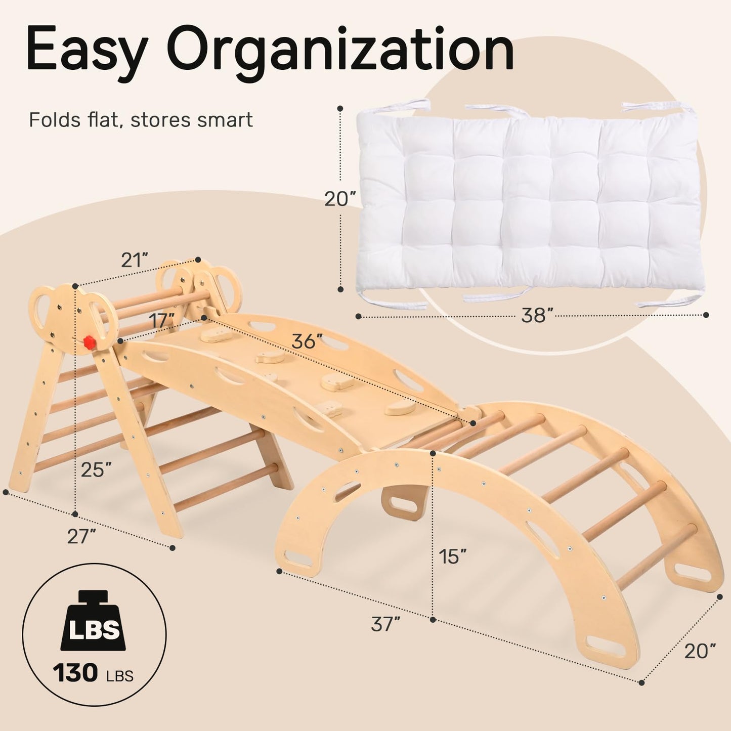 Wingyz Pikler Triangle Climbing Set with Cushion – Foldable 8-in-1 Montessori Jungle Gym (Teak)