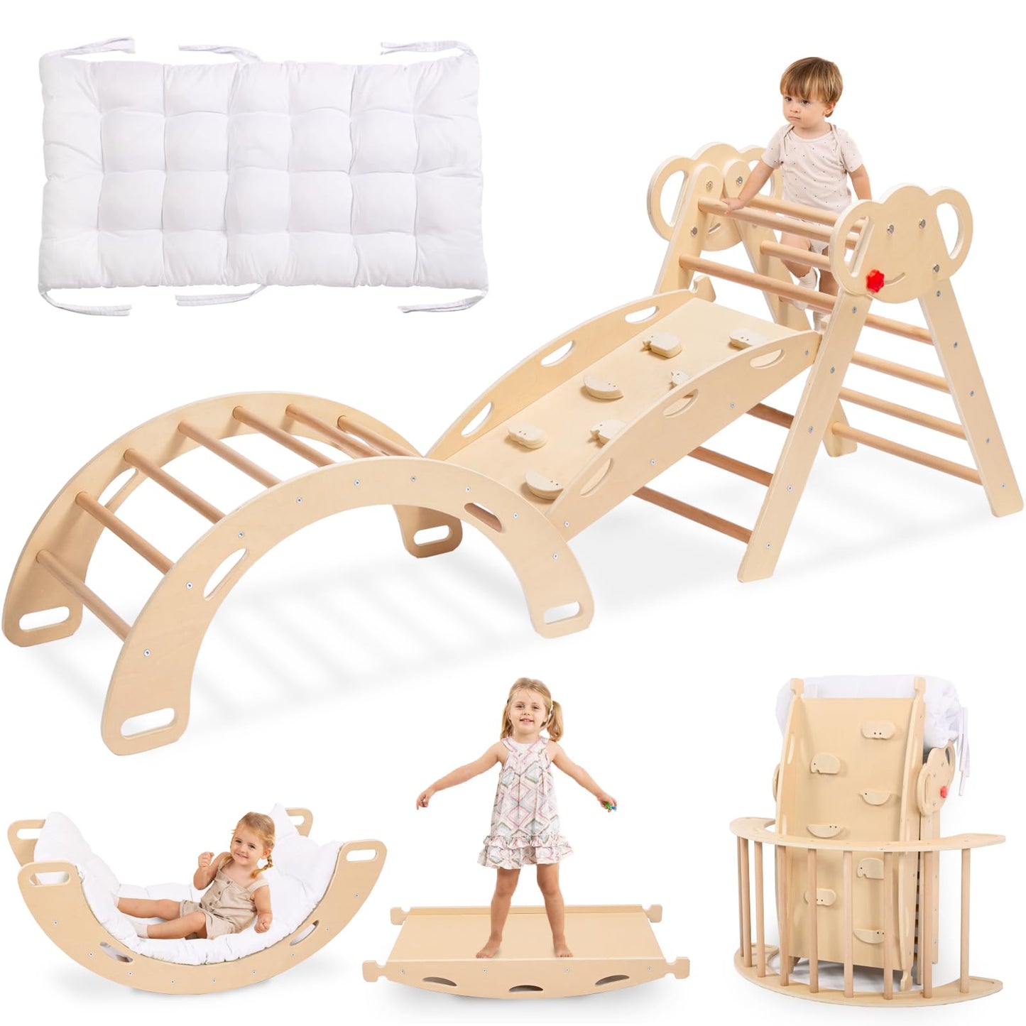 Wingyz Pikler Triangle Climbing Set with Cushion – Foldable 8-in-1 Montessori Jungle Gym (Teak)