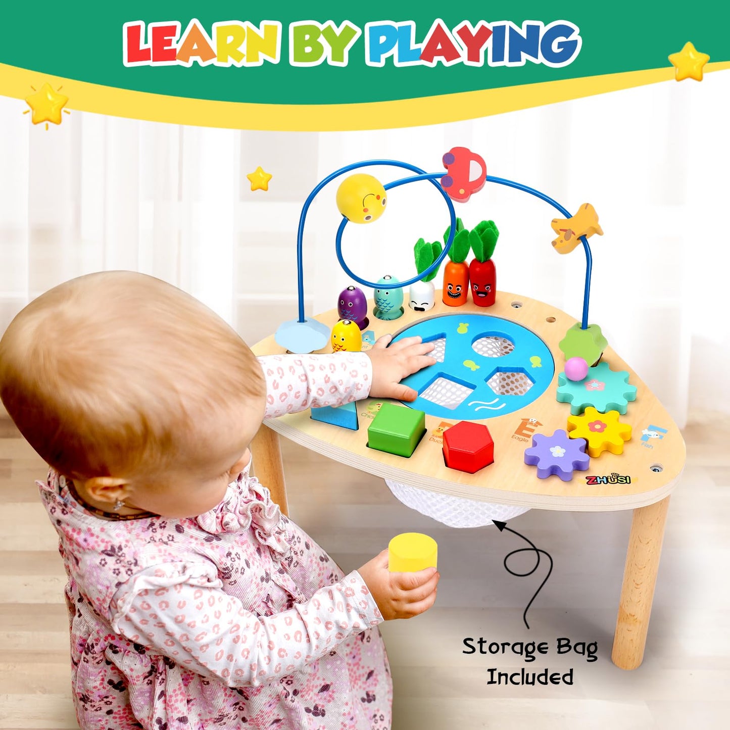 wingyz 6-in-1 Wooden Montessori Activity Table for Toddlers | Bead Maze & Shape Sorter