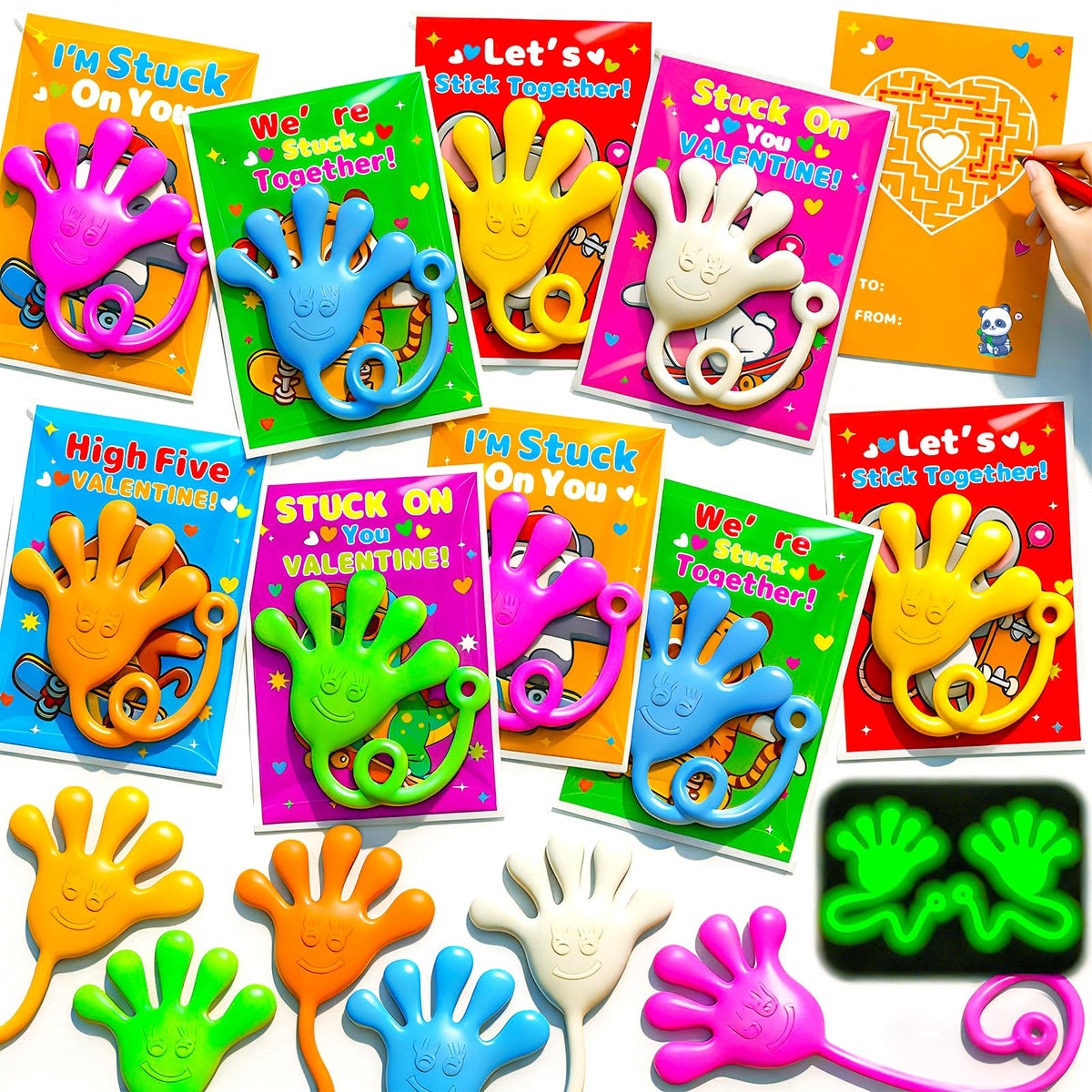WinKingood 28-Pack Glow-in-the-Dark Sticky Hands with Valentine Cards – Party Favors