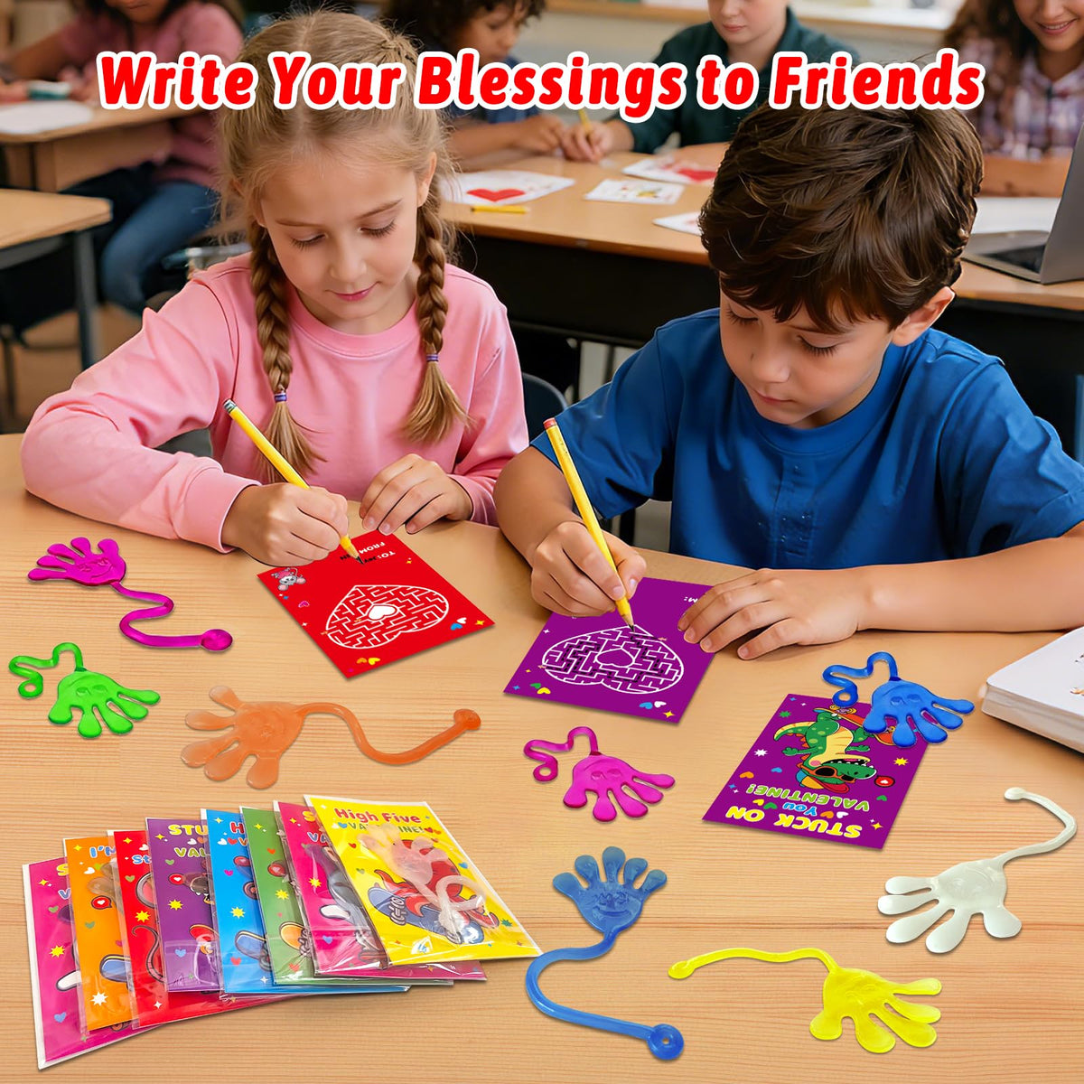 WinKingood 28-Pack Glow-in-the-Dark Sticky Hands with Valentine Cards – Party Favors