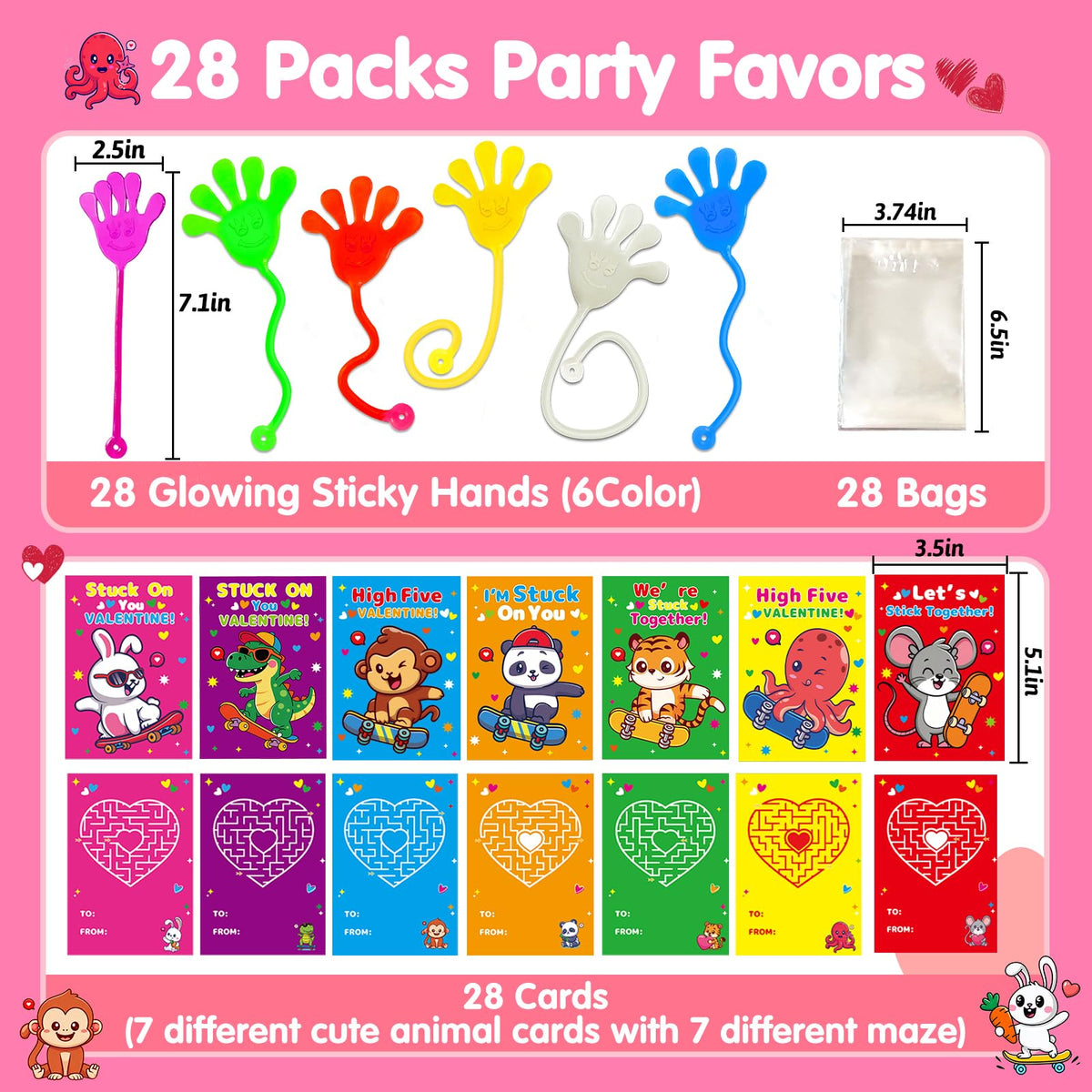 WinKingood 28-Pack Glow-in-the-Dark Sticky Hands with Valentine Cards – Party Favors