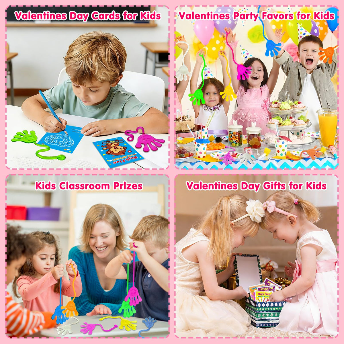 WinKingood 28-Pack Glow-in-the-Dark Sticky Hands with Valentine Cards – Party Favors