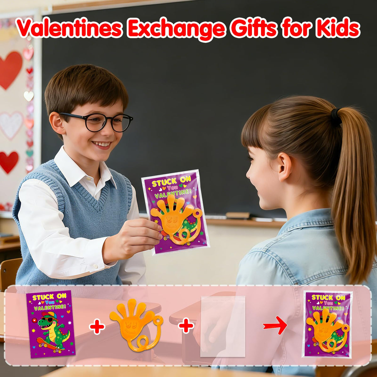WinKingood 28-Pack Glow-in-the-Dark Sticky Hands with Valentine Cards – Party Favors
