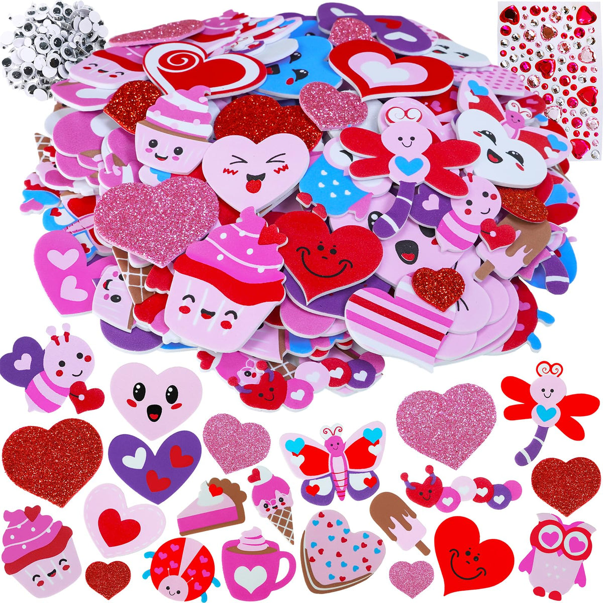 Winlyn 456 Pcs Assorted Valentine's Day Stickers – Foam Hearts, Glitter & Googly Eyes
