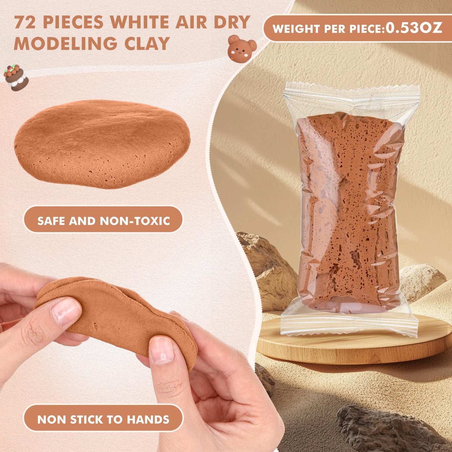 WinnerWhy 72 Pcs 38oz Light Brown Air Dry Clay – Ultra-Light Modeling Clay for Kids, DIY Sculpting