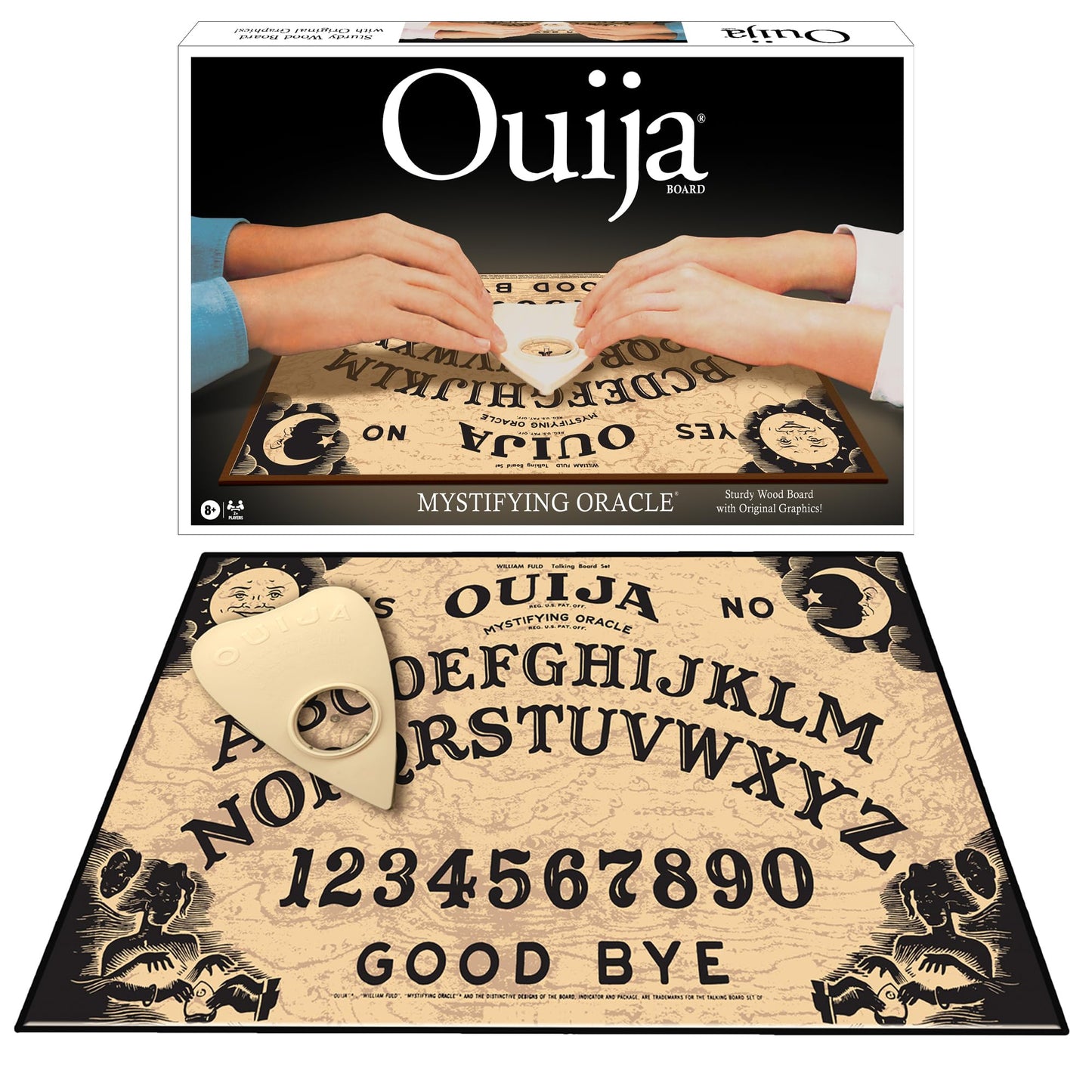 Winning Moves Classic Ouija Board – 1990s Artwork, Thick Wood Spirit Board for 2+ Players (Ages 8+)