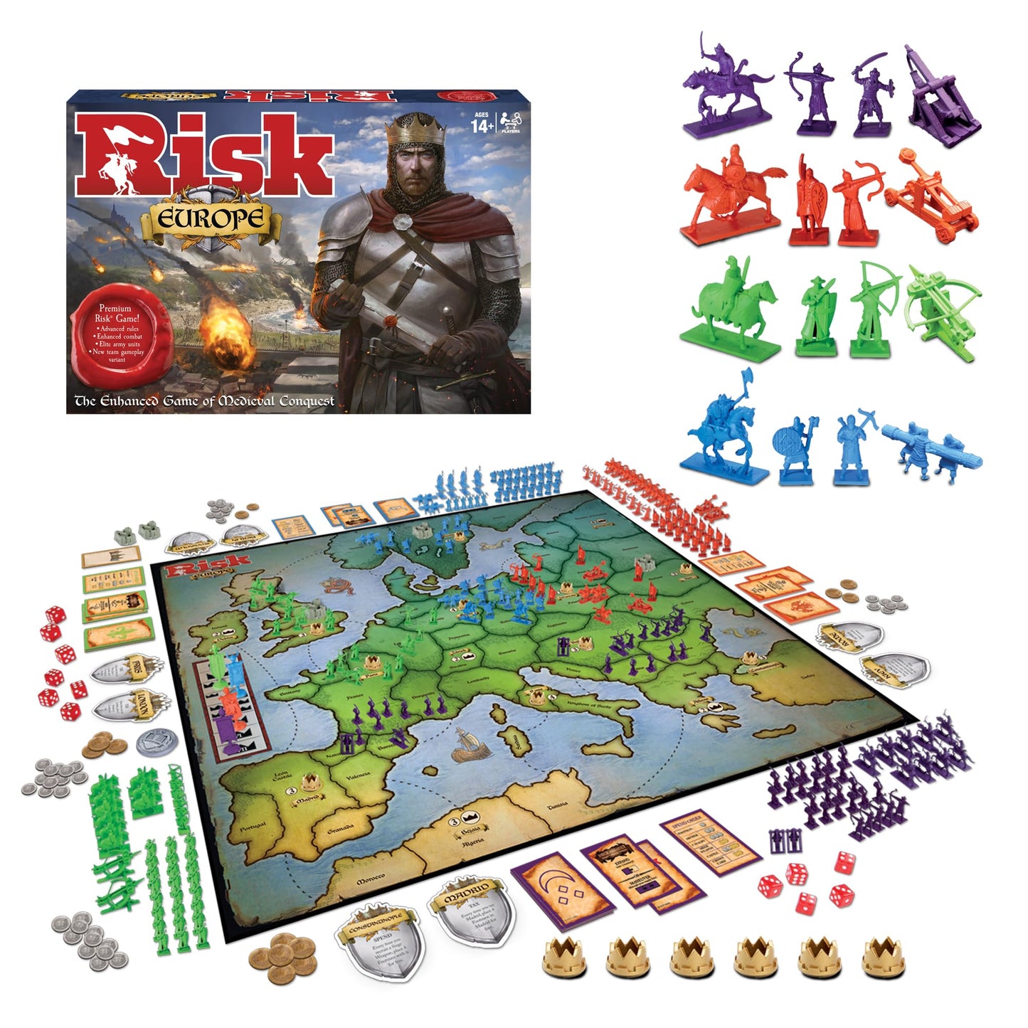 Risk Europe by Winning Moves – Medieval Strategy Board Game for 2–4 Players (Ages 14+), Siege Weapons Included