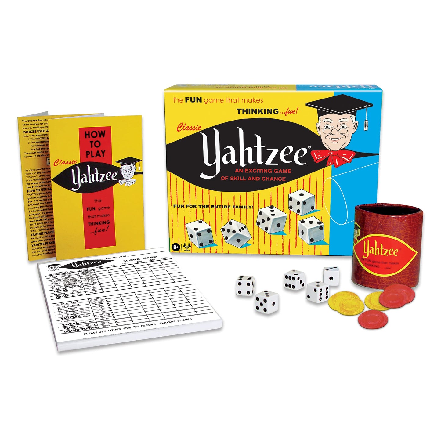 Winning Moves Classic Yahtzee with Retro Artwork — Original Dice Cup, 5 Dice & Scorepad, Ages 8+, 2+ Players (1167)