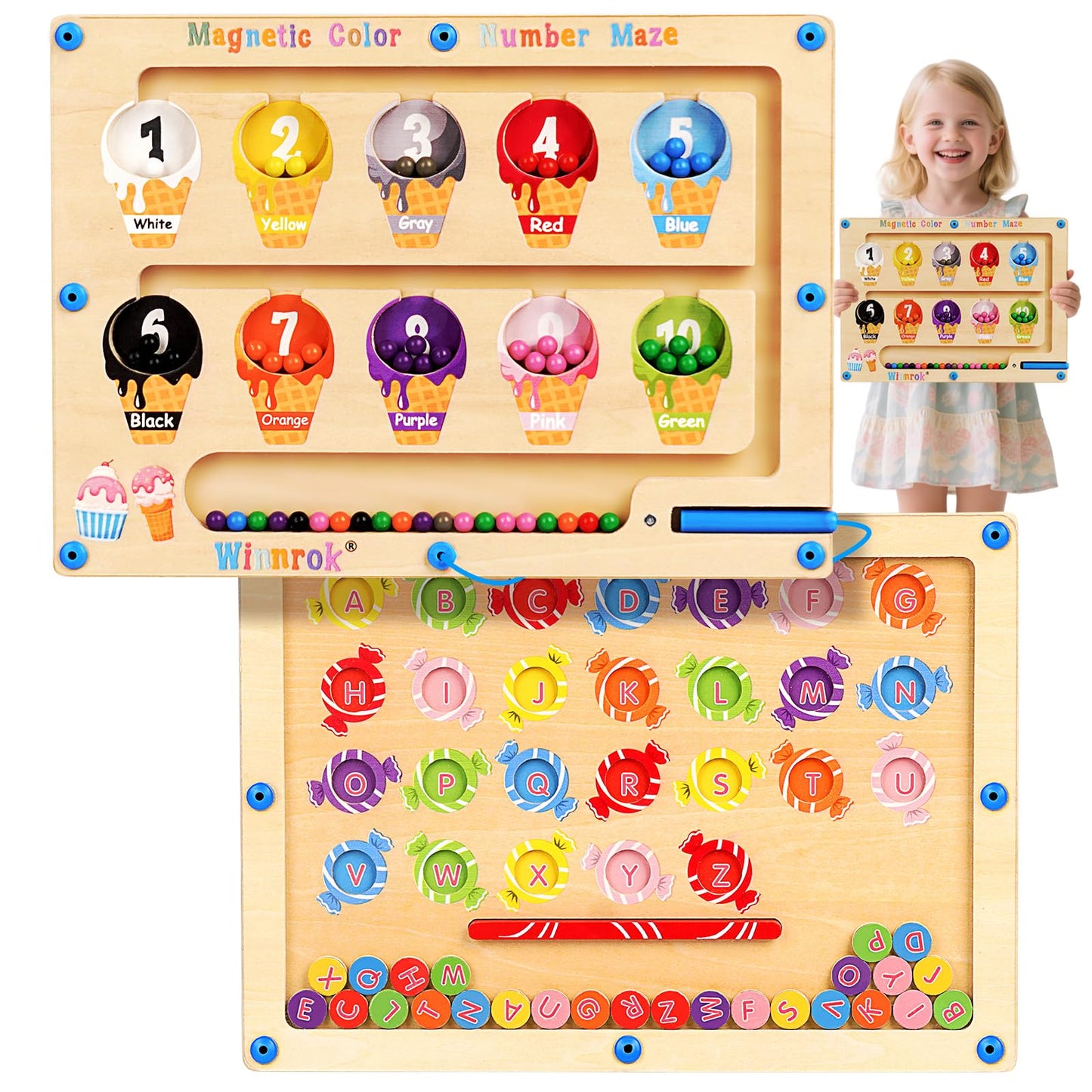 Winnrok 2-in-1 Magnetic Color and Number Maze – Montessori Alphabet Puzzle Board for Toddlers