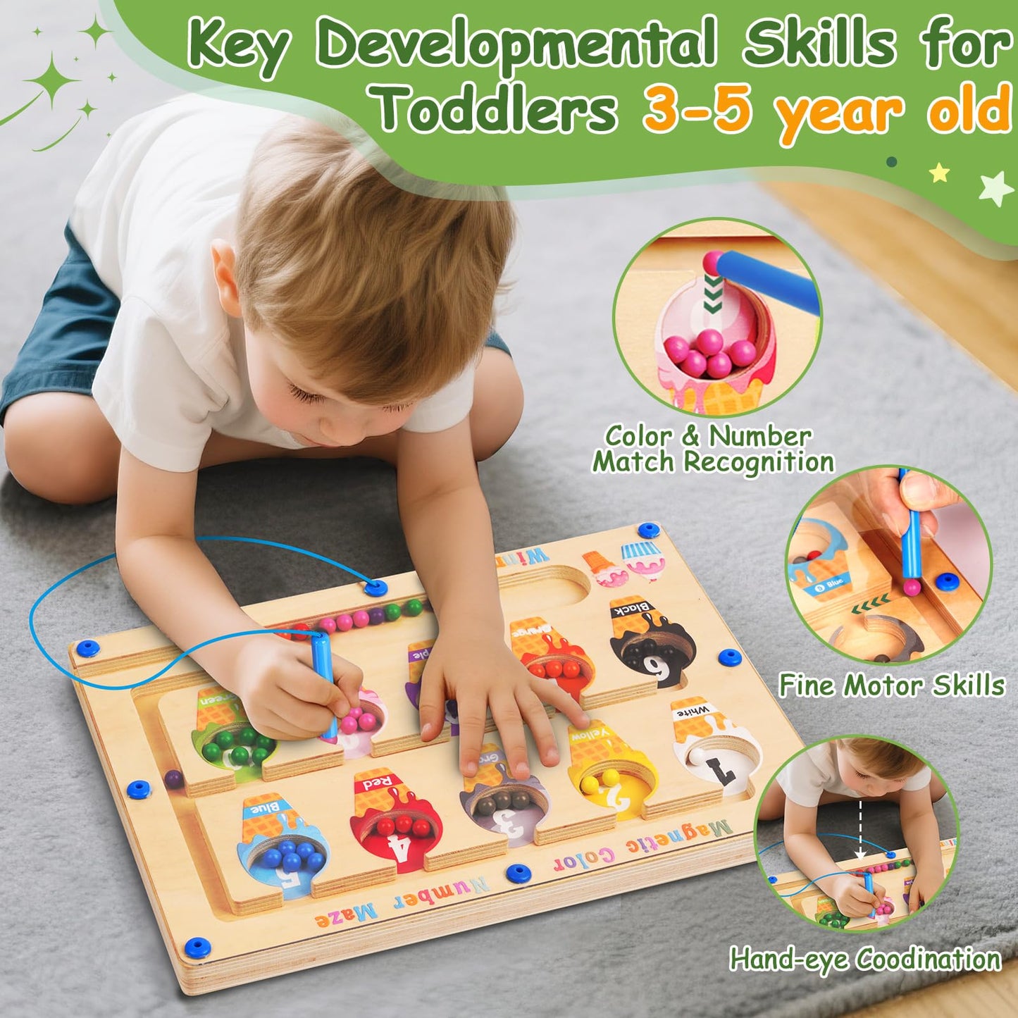 Winnrok 2-in-1 Magnetic Color and Number Maze – Montessori Alphabet Puzzle Board for Toddlers