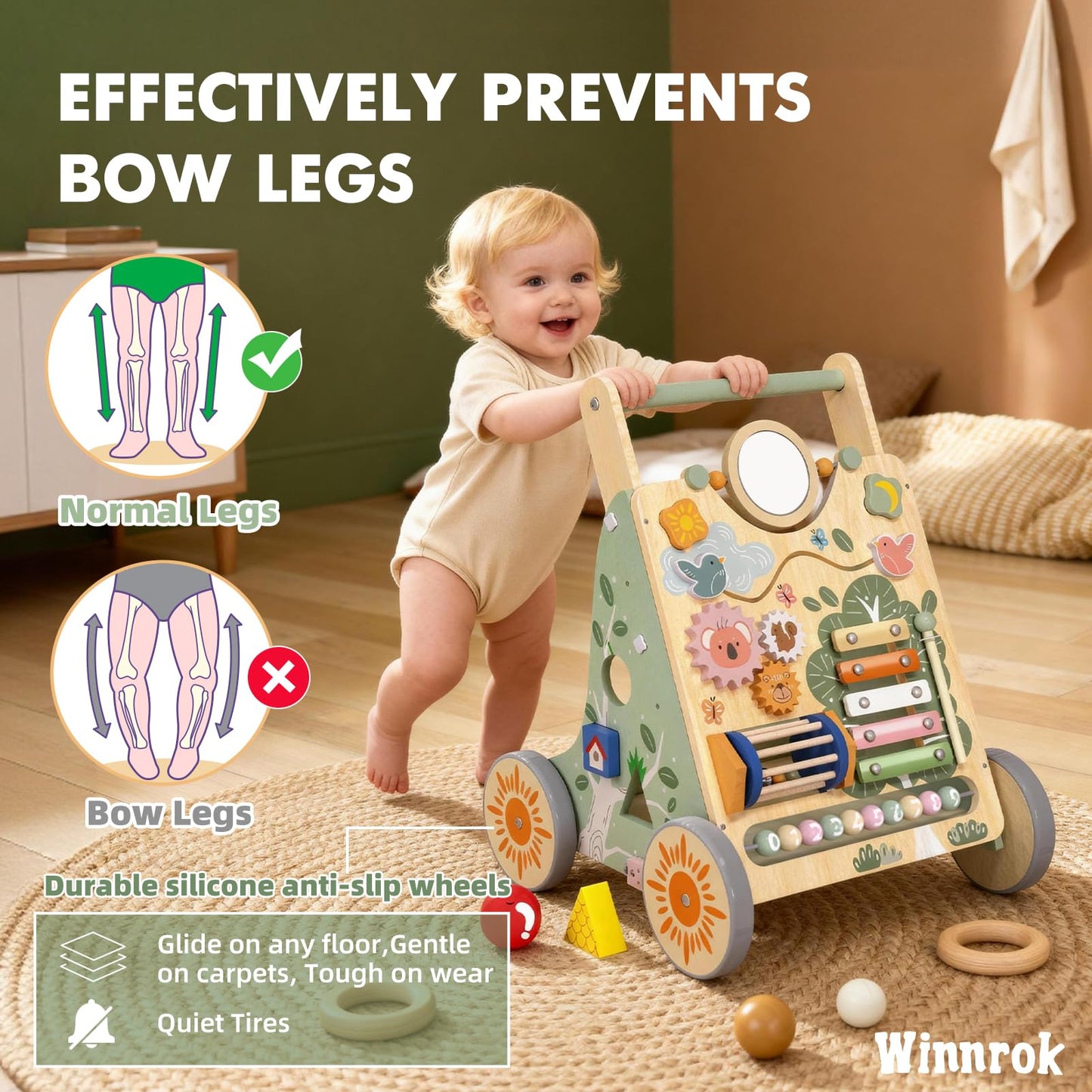 Winnrok Wooden Baby Walker – Adjustable Height, Quiet Wheels, Montessori Sit-to-Stand