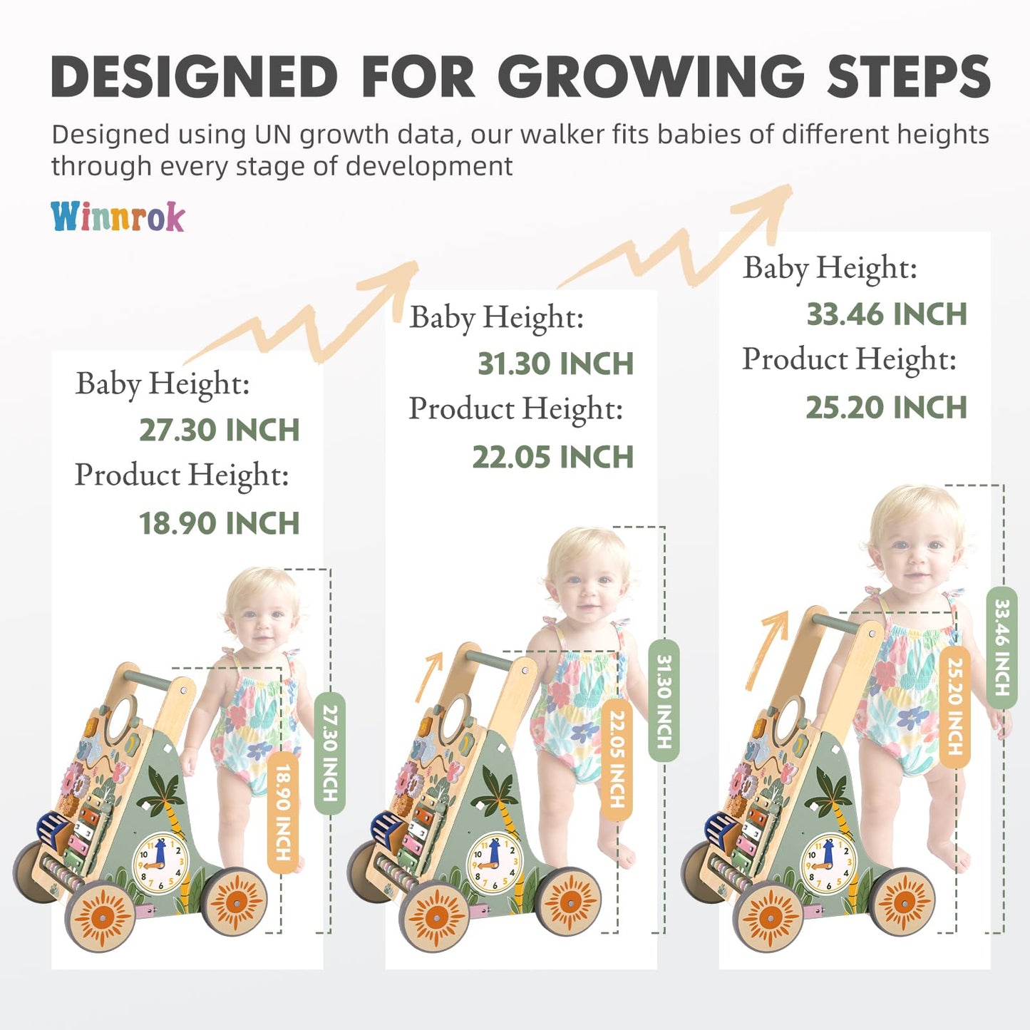 Winnrok Wooden Baby Walker – Adjustable Height, Quiet Wheels, Montessori Sit-to-Stand
