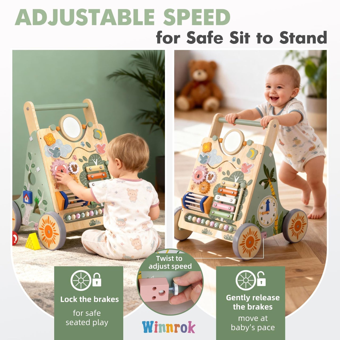 Winnrok Wooden Baby Walker – Adjustable Height, Quiet Wheels, Montessori Sit-to-Stand