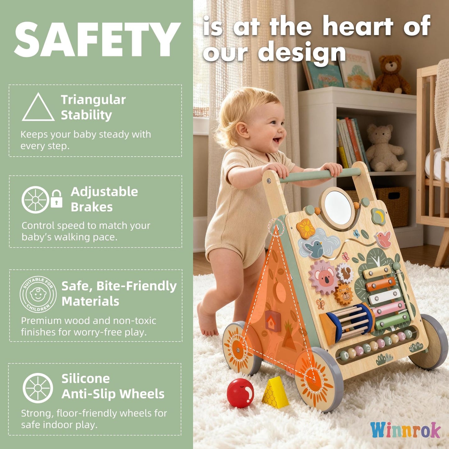 Winnrok Wooden Baby Walker – Adjustable Height, Quiet Wheels, Montessori Sit-to-Stand