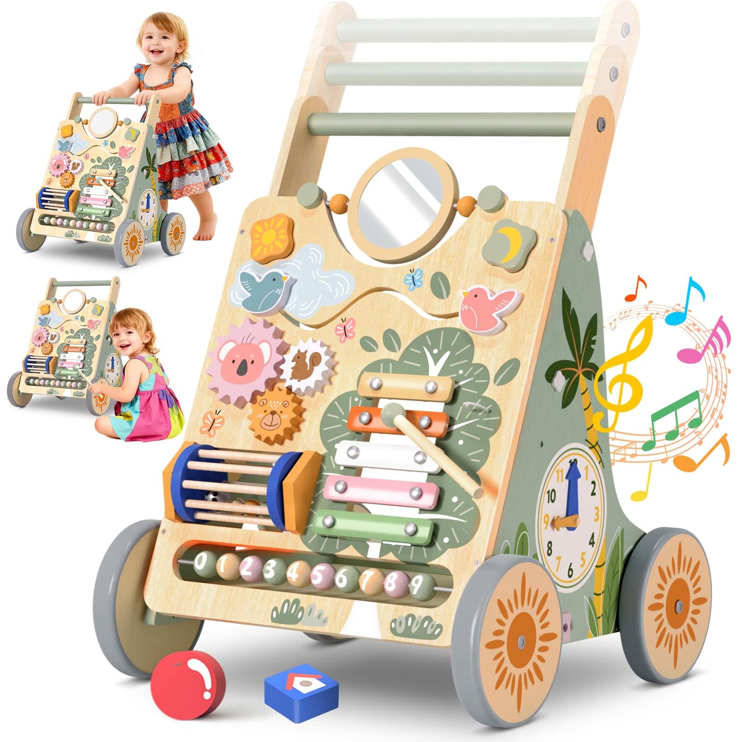 Winnrok Wooden Baby Walker – Adjustable Height, Quiet Wheels, Montessori Sit-to-Stand