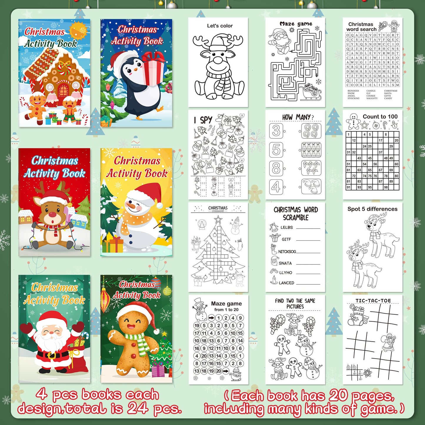 Winrain 24-Pack Christmas Activity Books for Kids – Holiday Coloring & Mazes